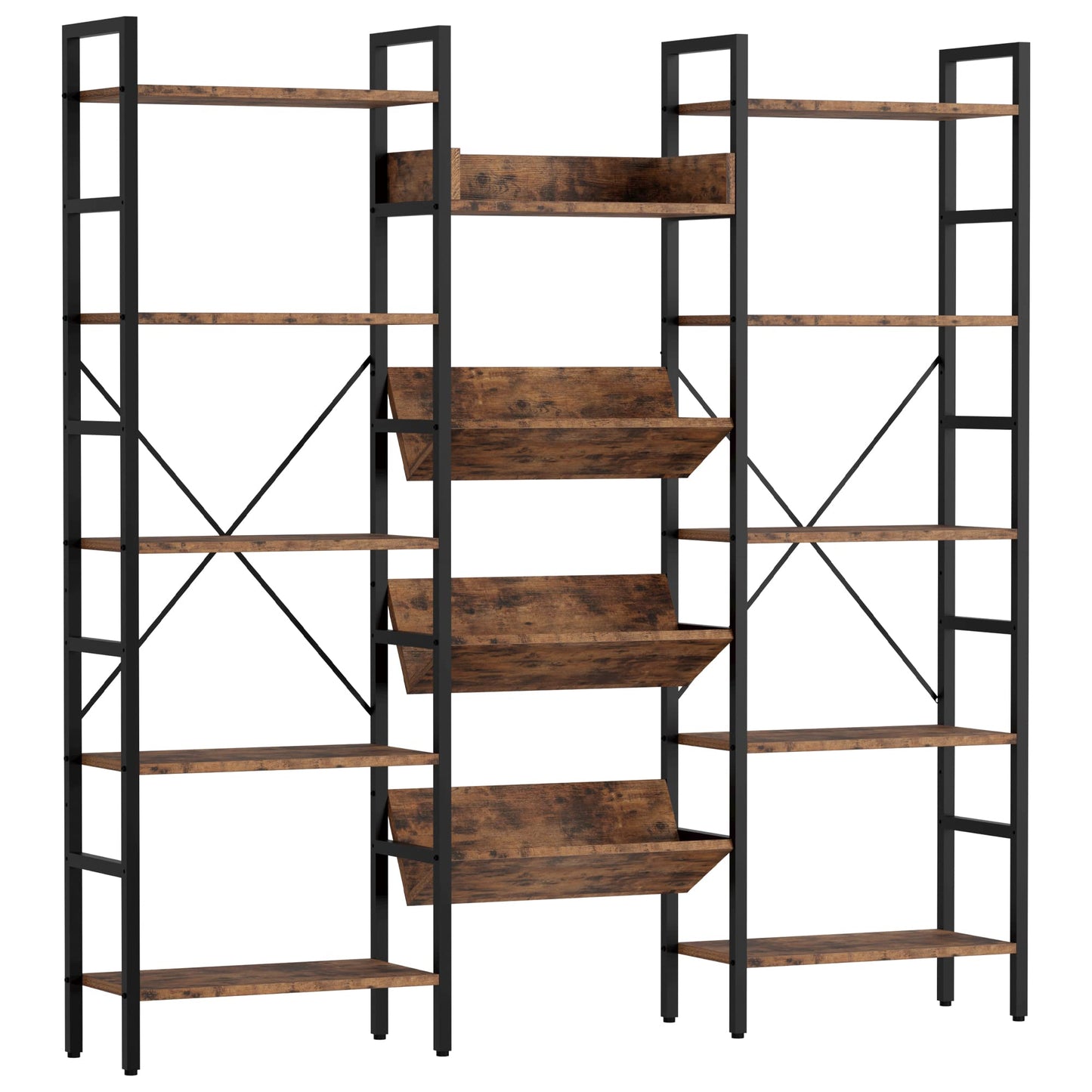IRONCK Bookshelf, Bookshelves and Bookcases, Triple Wide 5 Tiers Book Shelf with Baffles, Industrial Bookshelf with Metal Frame for Living Room, Home Office