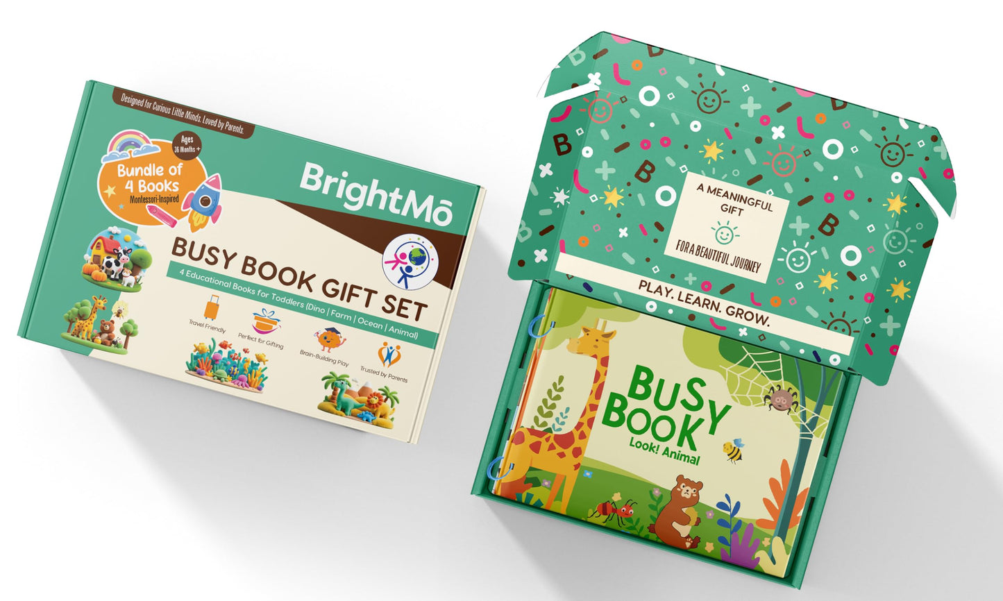 BrightMō Montessori Busy Book Set (4-in-1) – Preschool Learning Activities for Ages 3+, Fine Motor Skills, Travel Activity Kit, Dinosaur Farm Ocean Animal Themes
