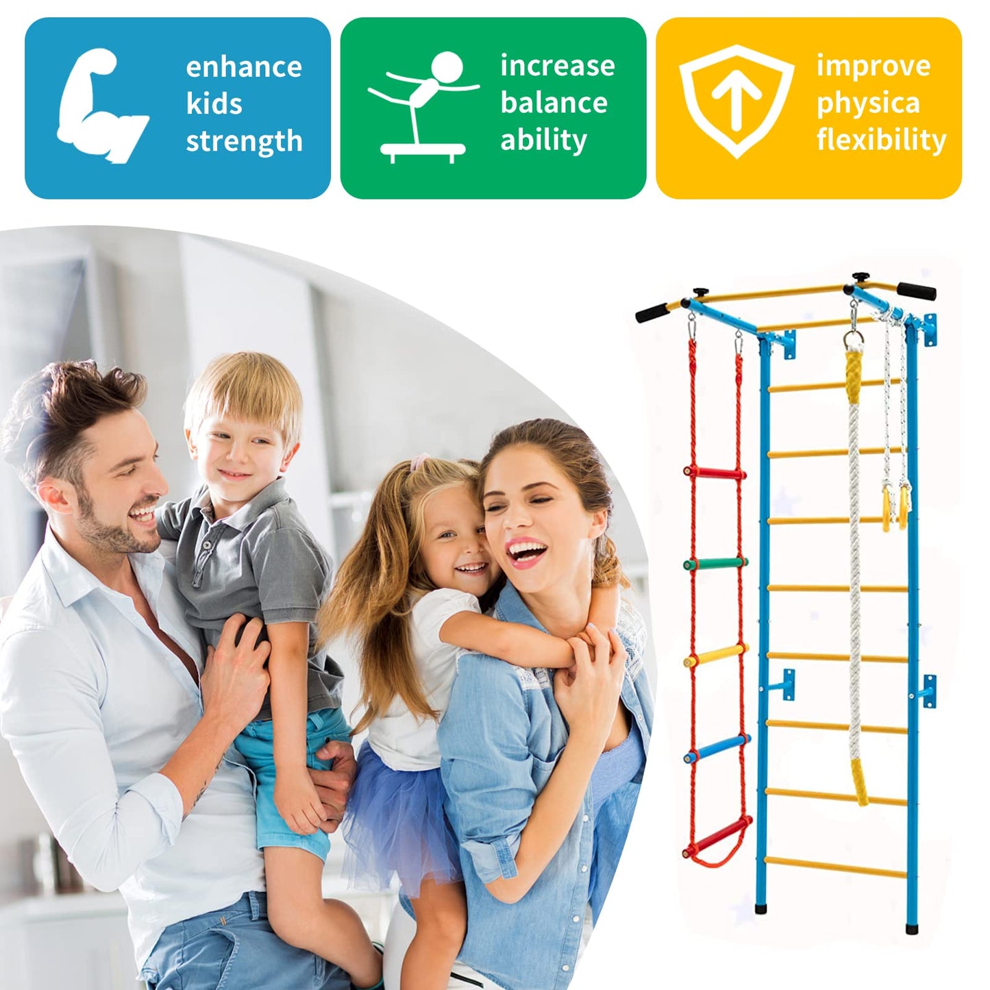 TONGMO Indoor Climbing Playground, Jungle Gym for Kids, Metal Swedish Ladder & Climbing Wall Playset, Sturdy Playground with Rope Ladder, Pull-up Bar, and Gymnastic Rings