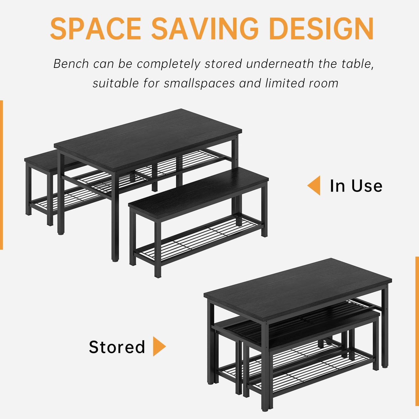 Lamerge 3-Piece Dining Table Set, Industrial Kitchen Table and Chairs Set for 4, Dining Table and 2 Benches with Storage Shelf, Dining Table Set for Dining Room Kitchen, Black