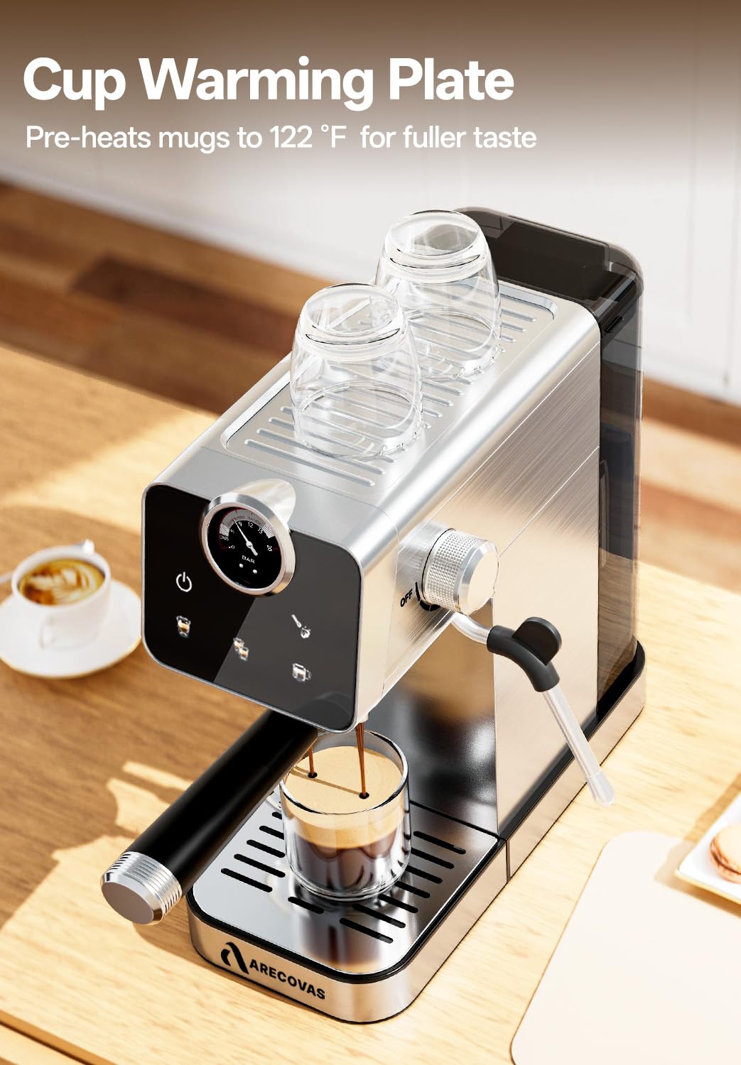 Arecovas Espresso Machine with Milk Frother, 20 Bar Compact Coffee Machine with Touch Screen & 41oz Water Tank for Home Use, Stainless Steel Espresso Coffee Maker for Americano, Cappuccino, Latte