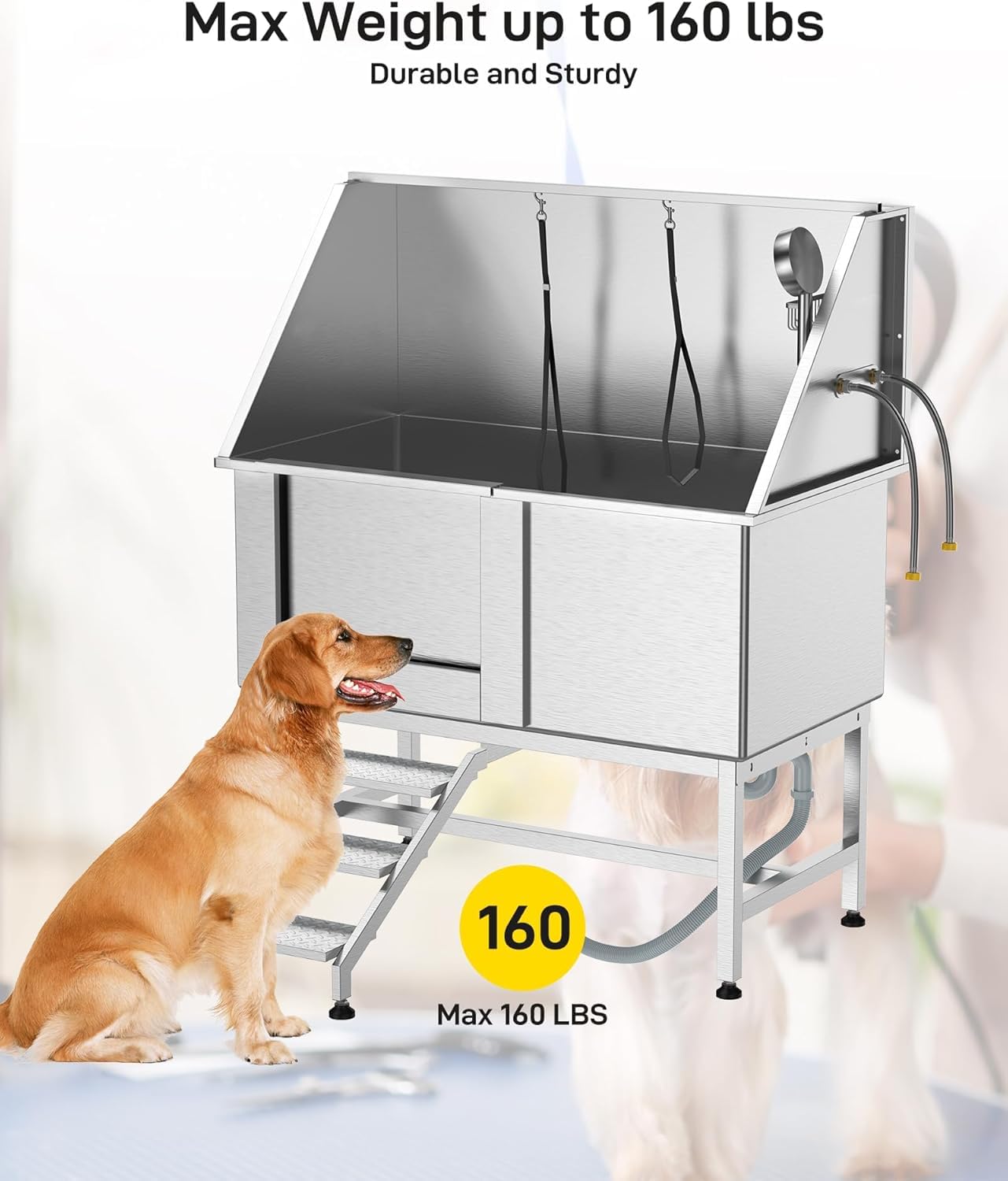 GarveeTech 50 in Pet Dog Grooming Tub with Removable Ramp, Professional Stainless Steel Dog Washing Station, for Large, Medium, Small Pets, Washing Pets for Home Right Door