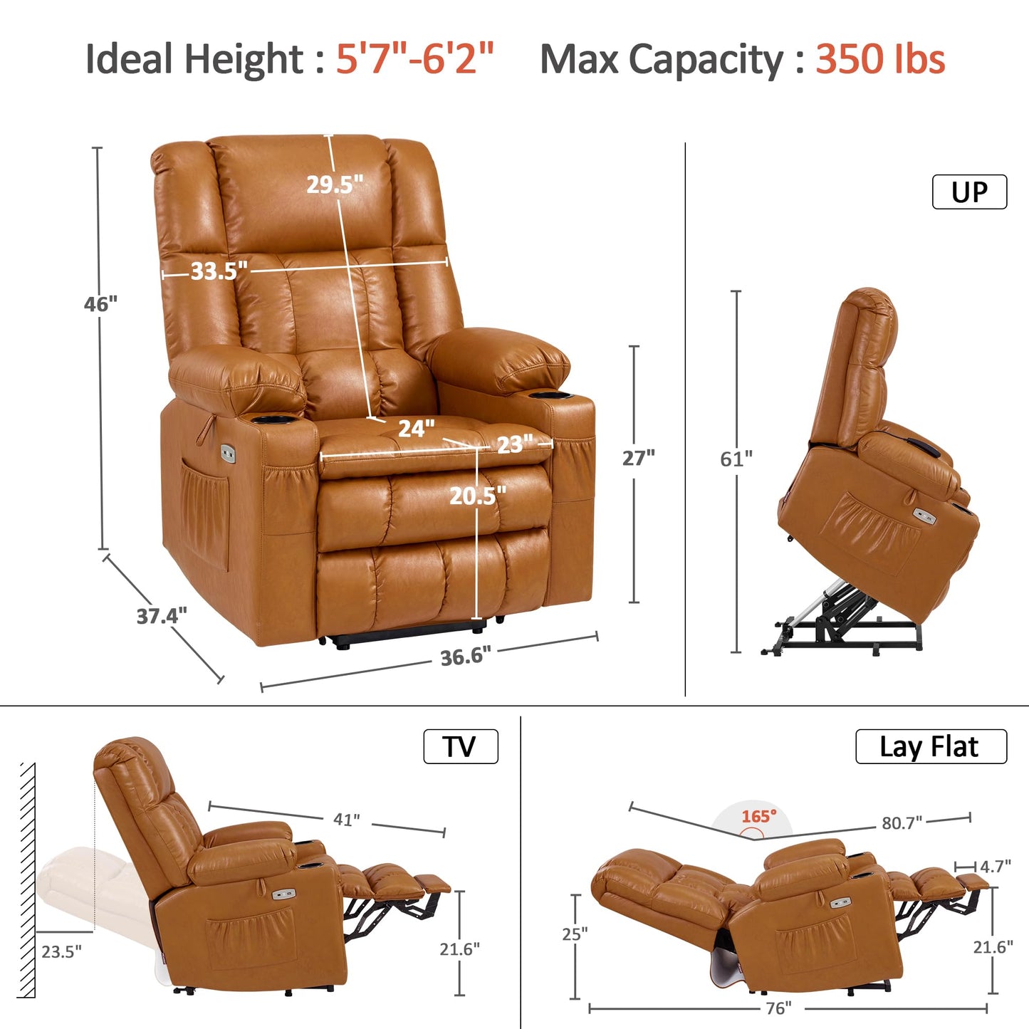 MCombo Dual Motor Large Power Lift Recliner Chair for Elderly, Lay Flat Lift Chair with Heat and Massage, Big Lift Recliner for Tall People, Faux Leather 7896 (Tawny, Large)