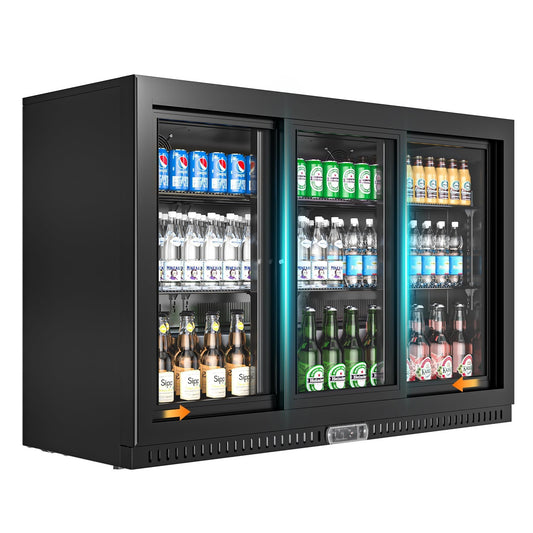 Rockitch Back Bar Cooler with 3 Sliding Doors, 10.6 Cu.ft Commercial Bar Cooler with LED Light, Under Counter Height Beverage Refrigerator, Commercial Display Drink Fridge for Bar, Restaurant, Hotel