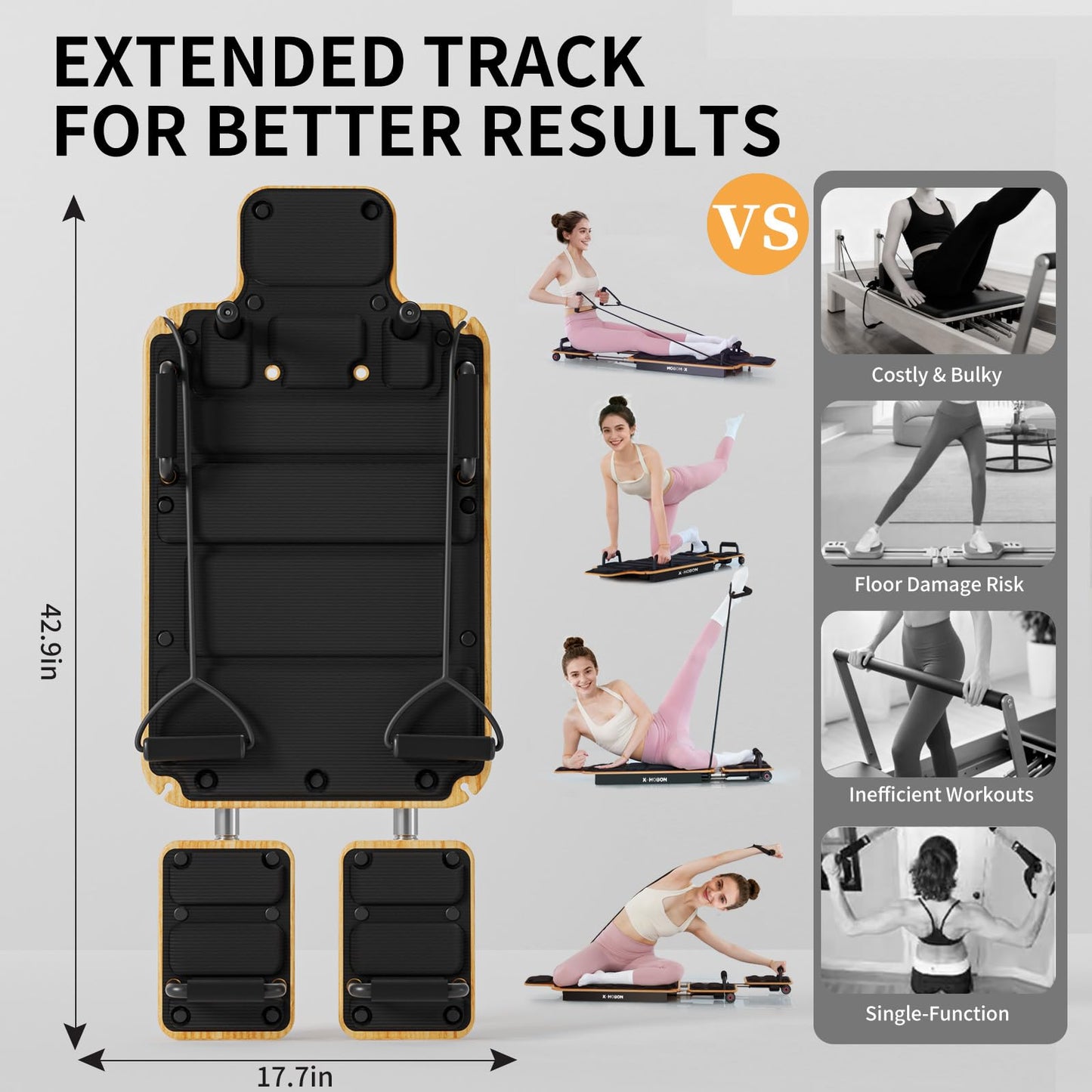 X-HOBON Home Pilates Board Reformer, Pilates Reformer / Gliding Board, Slide Design, Maple & High Strength Steel Rails, Adjustable Resistance Bands, PU Wheels, Quick Assembly (Black)