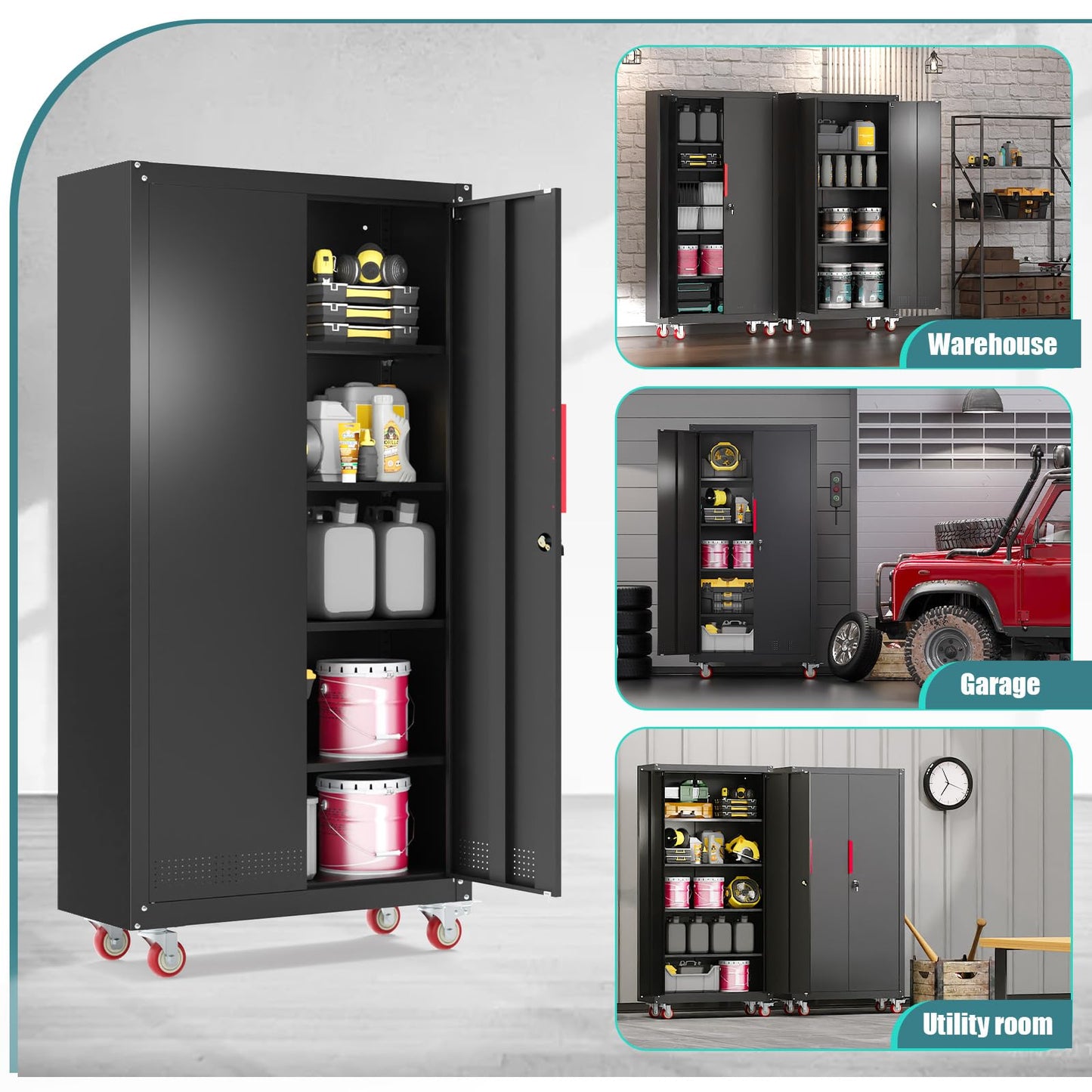 Eltean Metal Garage Cabinets with Wheels| 71" Steel Lockable Garage Storage Cabinet with 4 Adjustable Shelves, Heavy-Duty Tool Storage Cabinet for Home, Basement, Workshop (Black)