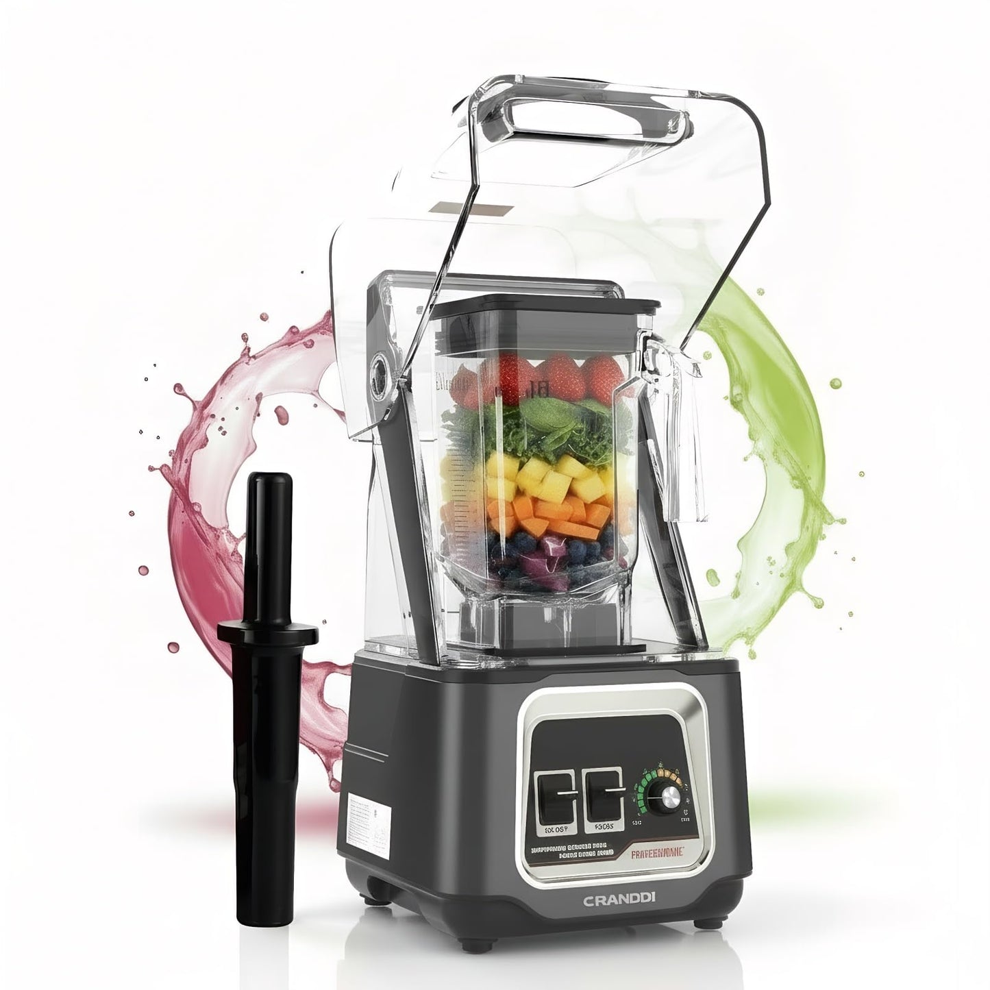 CRANDDI Professional Smoothie Blender, 2200W Commercial Soundproof Quiet blender with Removable Soundproof Shield for Crushing Ice, MilkShakes, Puree, Self-Cleaning, 50oz 110V K80 (Grey)