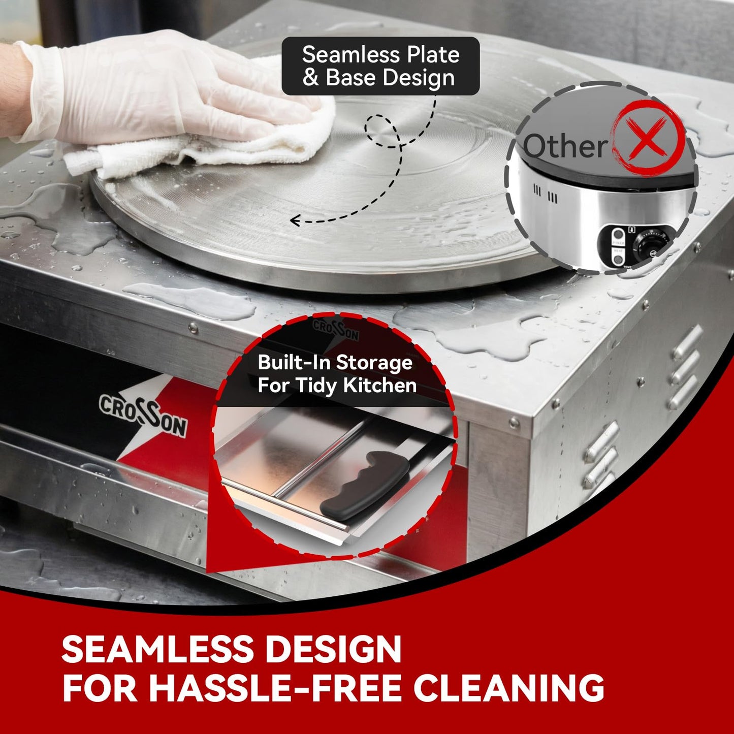CROSSON Commercial Electric Crepe Maker, 16-Inch Large Cooking Plate 1800W ETL Certified, Stainless Steel Pancake Griddle with Accessories Storage & Metal Spatula/Spreader
