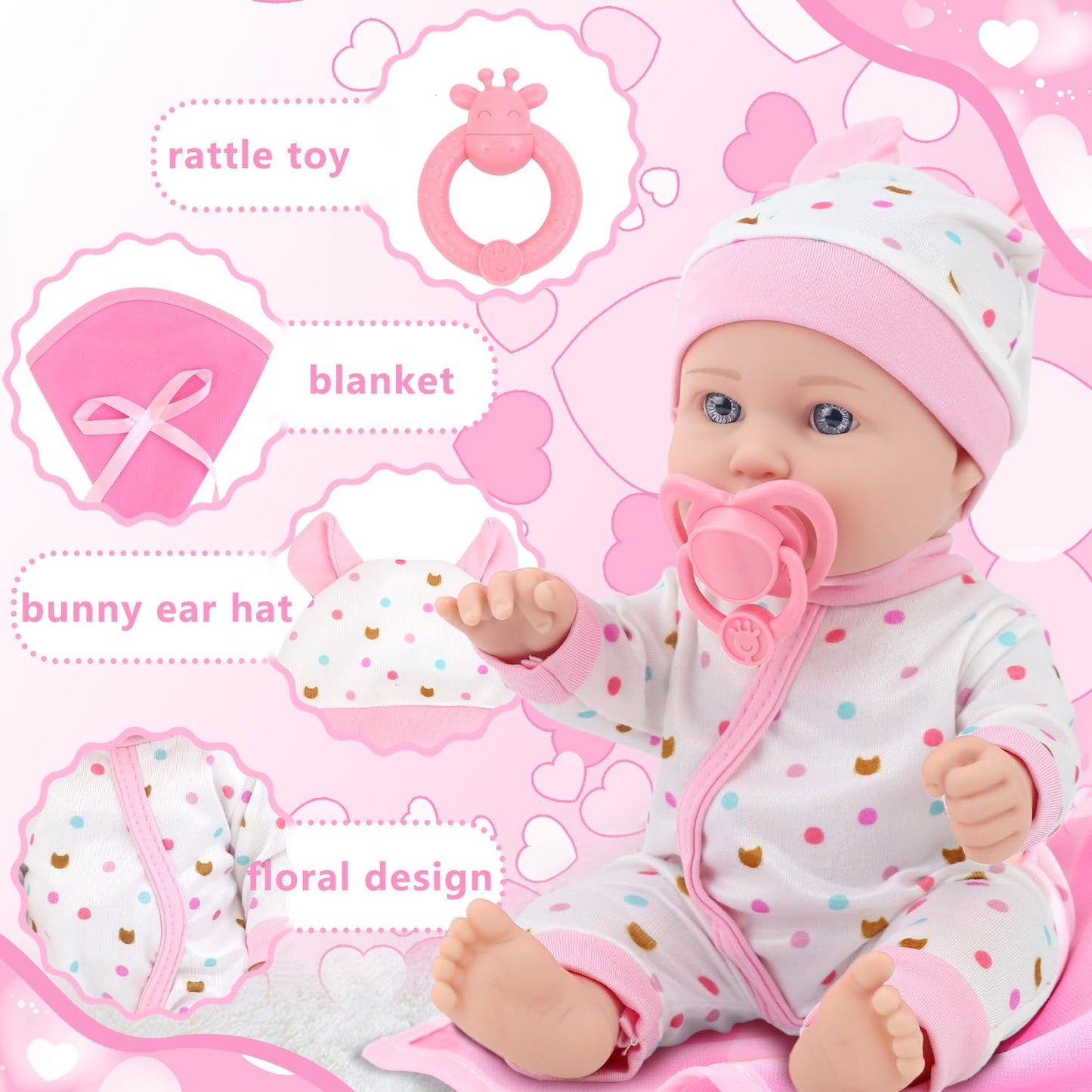 ZITA ELEMENT 12 Inch Baby Doll with Accessories for Baby Doll Reborn Includes Carrier Bassinet Bed, Pacifier, Blanket, Pillow, Feeding Set, New Born Doll Playset for Toddlers 3 Ages and Up