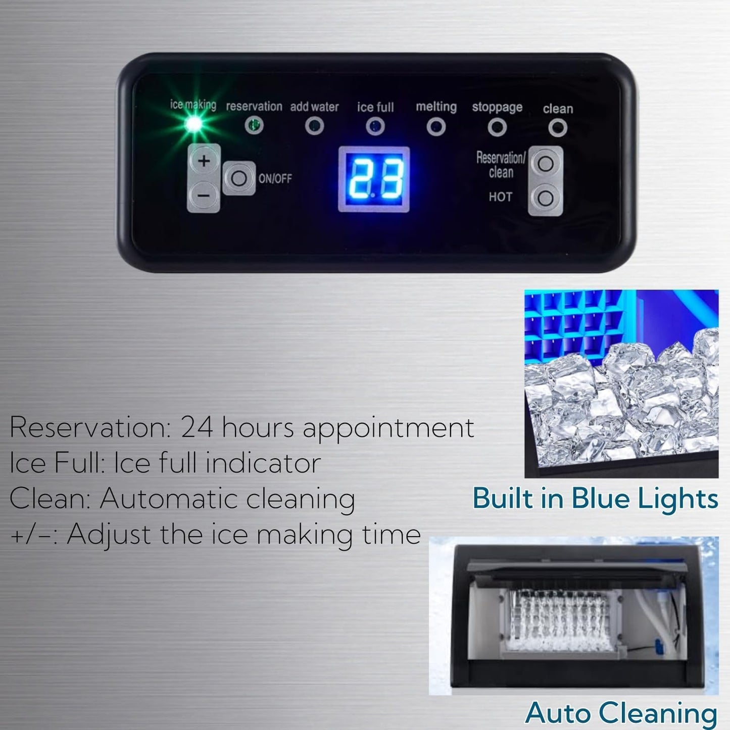 Commercial Ice Maker Machine, 150LBS/24h with 33LBS Ice Storage Bin, Under Counter Countertop Ice Machine, Self-Cleaning, Stainless Steel Freestanding,Ice Scoop, Quiet Compressor for Home and Business