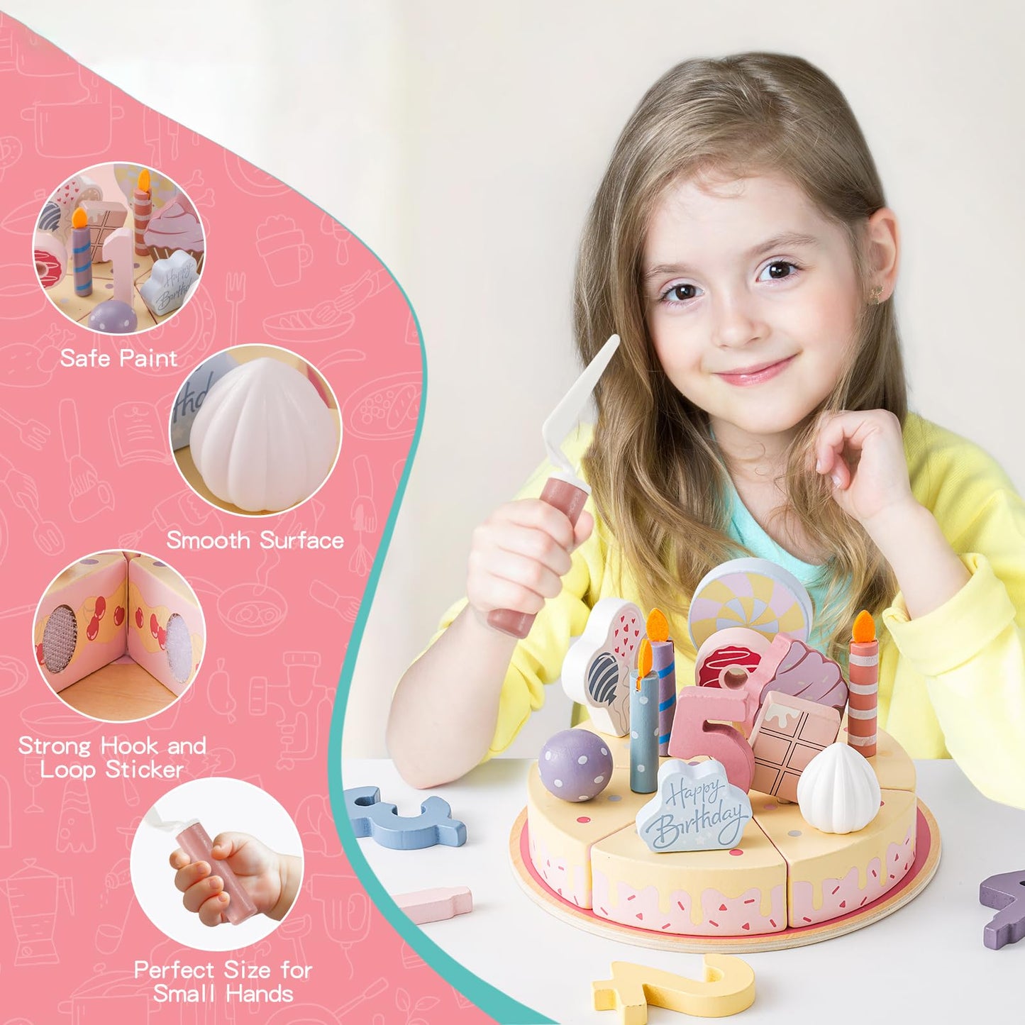 ZRUNBO Birthday Party Cake Toys, Wooden Play Food Set for Kids Toddlers, Play Kitchen Toys for Boys Girls, Educational Toys