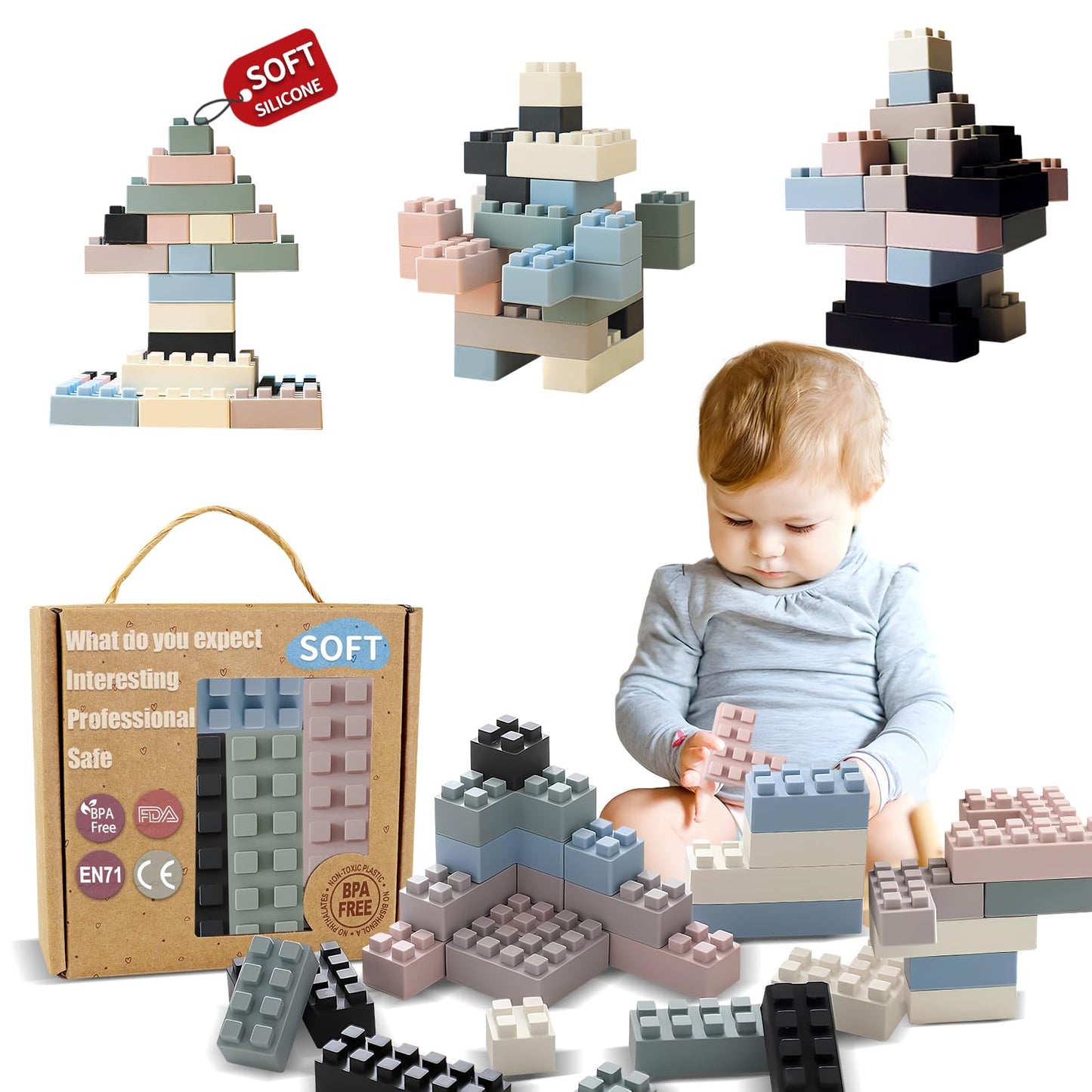 Silicone Blocks and Sensory Balls Toy Set - Montessori Soft Baby Blocks and Textured Baby Rattle Balls, Ideal Preschool Learning & Toddler Gifts