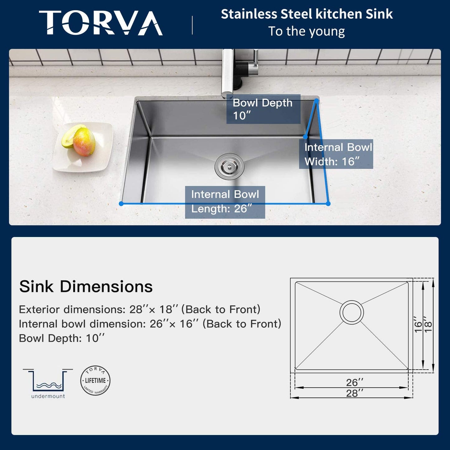 TORVA 28-Inch Undermount Kitchen Sink, Premium 304 Stainless Steel Bar Sink - 10 Inches Deep Basin Single Bowl Sink