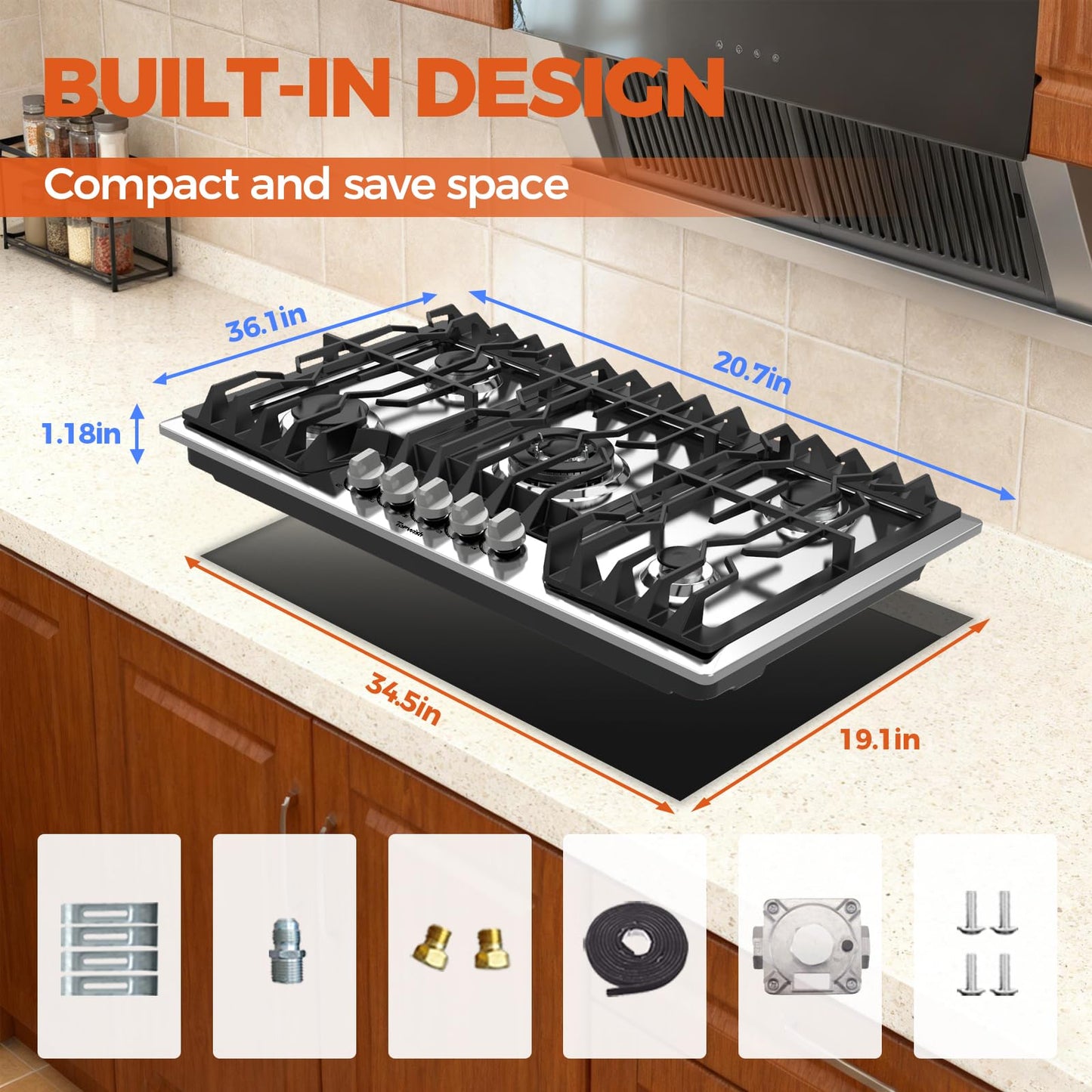 TOPWISH 36 Inch Gas Cooktop, 5 Burners Gas Stove Top, NG/LPG Convertible 304 Stainless Steel Built-in Propane Stovetop, Natural Hob with Thermocouple Flame Out Protection for Rvs Kitchen Apartments
