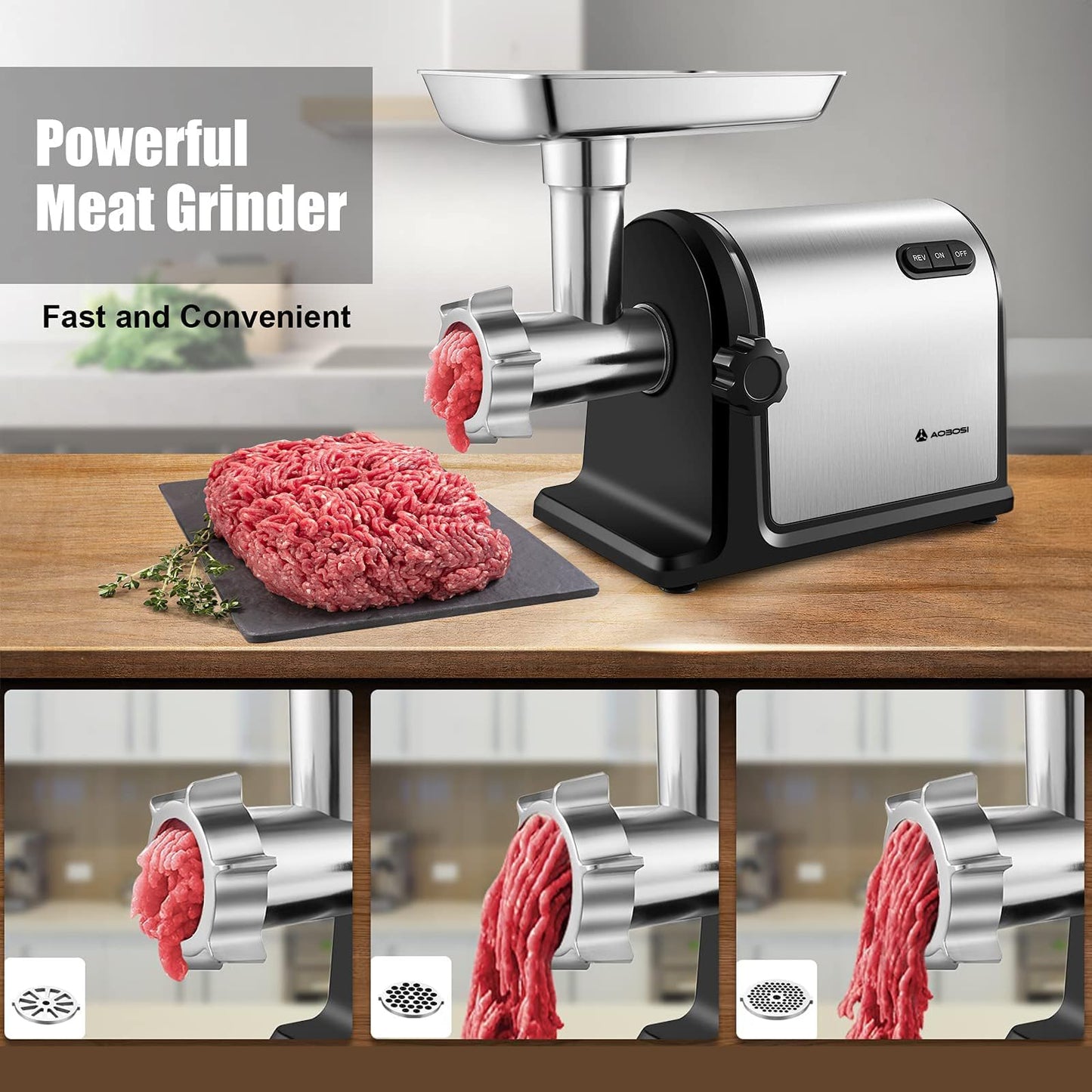 AAOBOSI Electric Meat Grinder #10 | 3000W Max | 3 Stainless Steel Plates | 3 Sausage Stuffers | Stainless Steel Blade | Kubbe Maker | One-Button Control