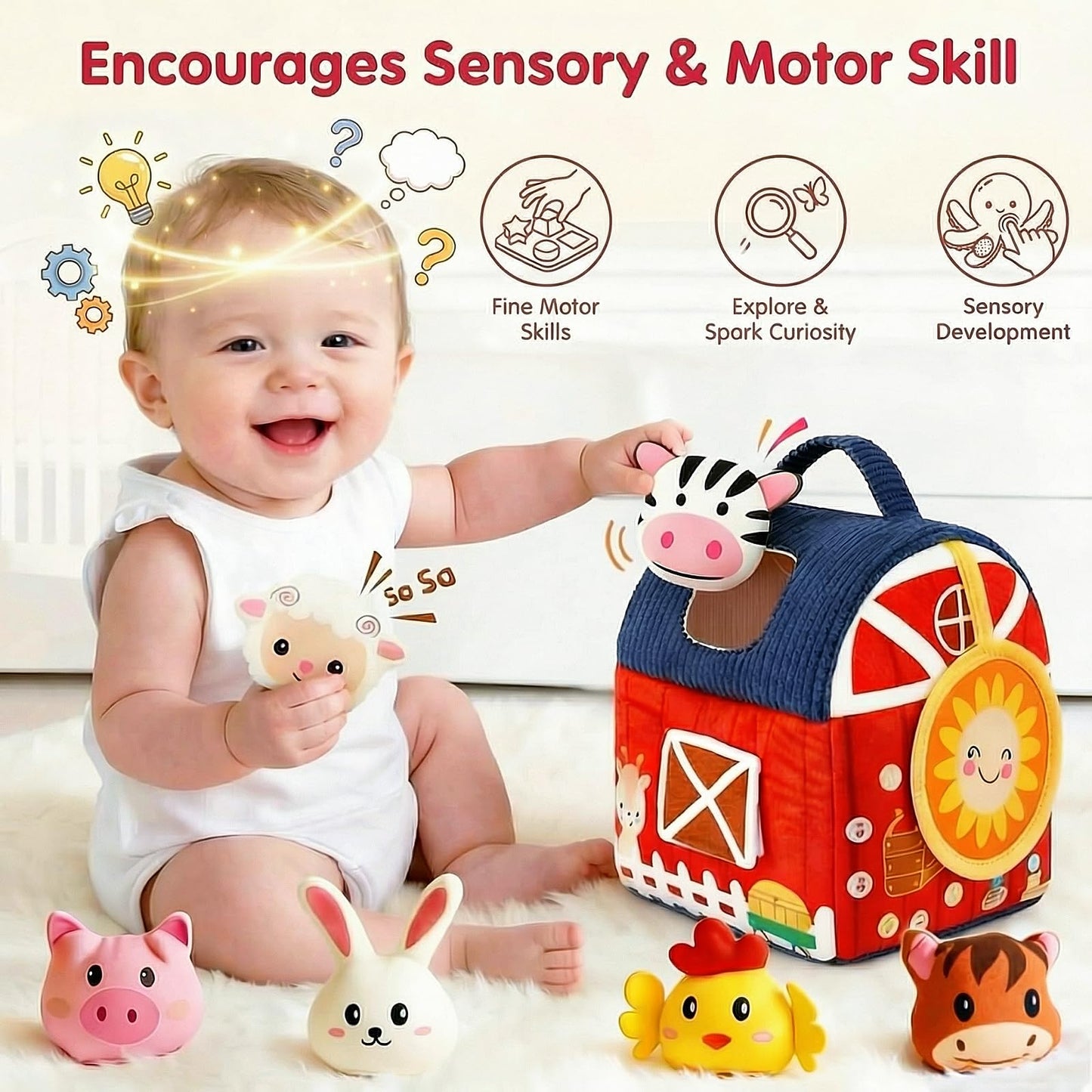 Baby Soft Toys 6-12 Months - Surprise Barn Stuffed Farm Animals House for Toddlers 1-3, Montessori Sensory Plush Toys for Infants, Rattle, Crinkle, Baby Learning Plush Toys for Babies Tummy Time