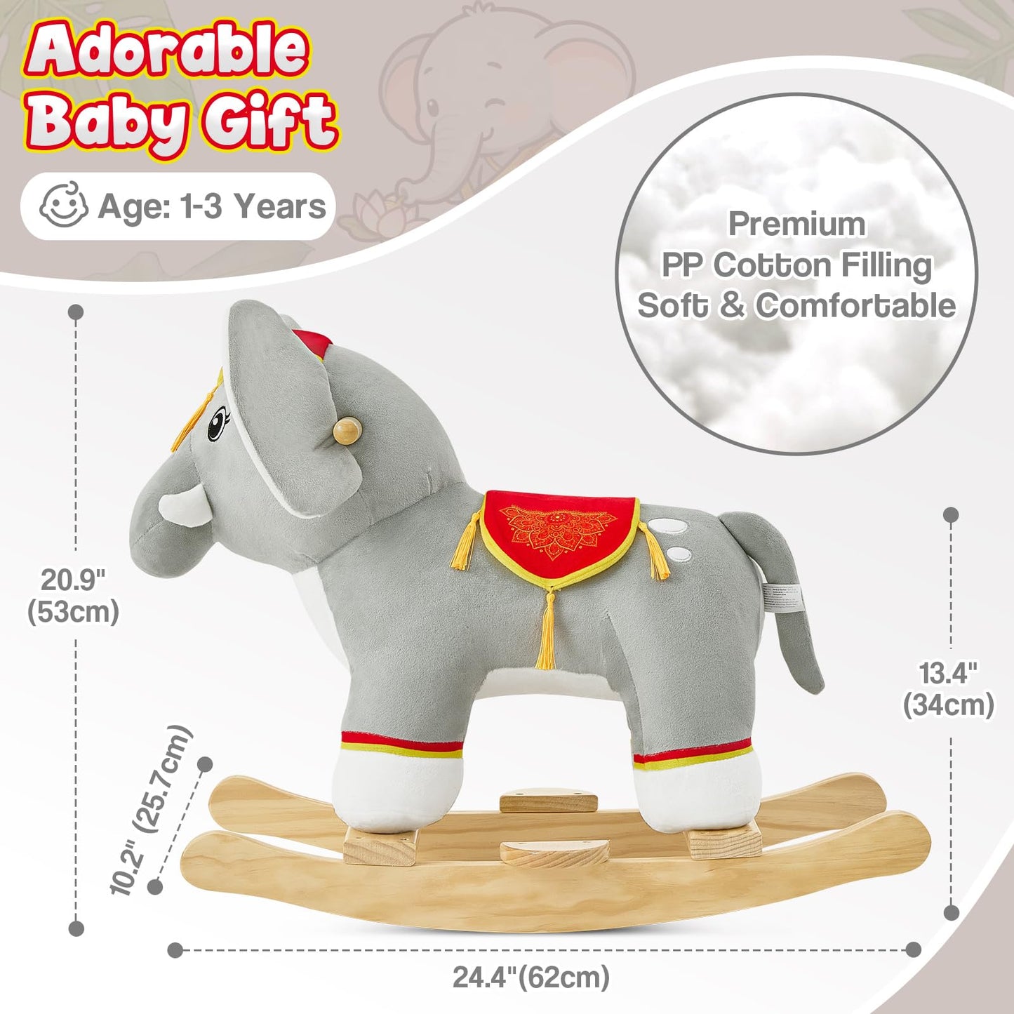 FUNLIO Elephant Baby Rocking Horse for Toddlers 1-3 Years, Cute & Graceful Gray Thai Elephant Rocker for Baby, Stuffed Plush Ride-on Rocking Animal, Easy to Assemble, CPC & CE Certified