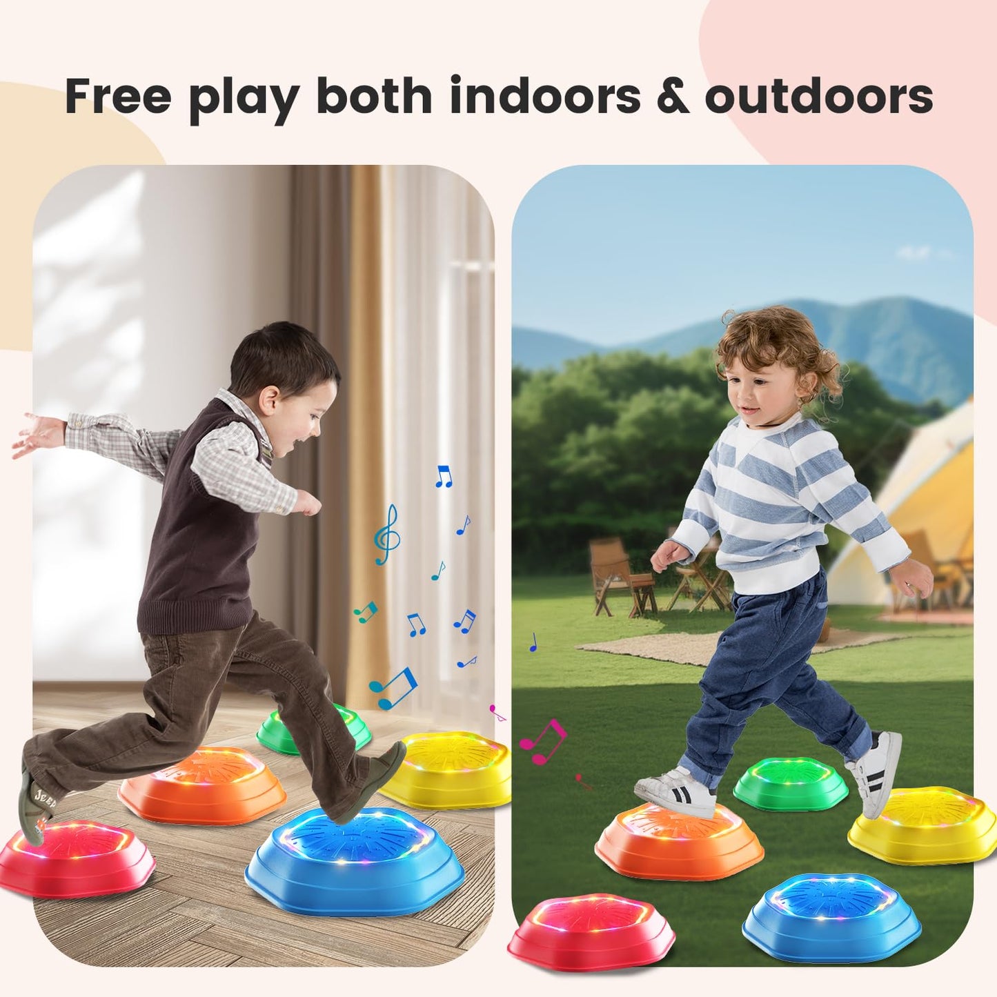 Holyton Light Up Stepping Stones for Kids, 5 Pack Sensory Balance Stepping Stones with Rechargeable Batteries, Non-Slip Toddler Stepping Stones for Ages 3-8, Indoor Outdoor Active Play, Red