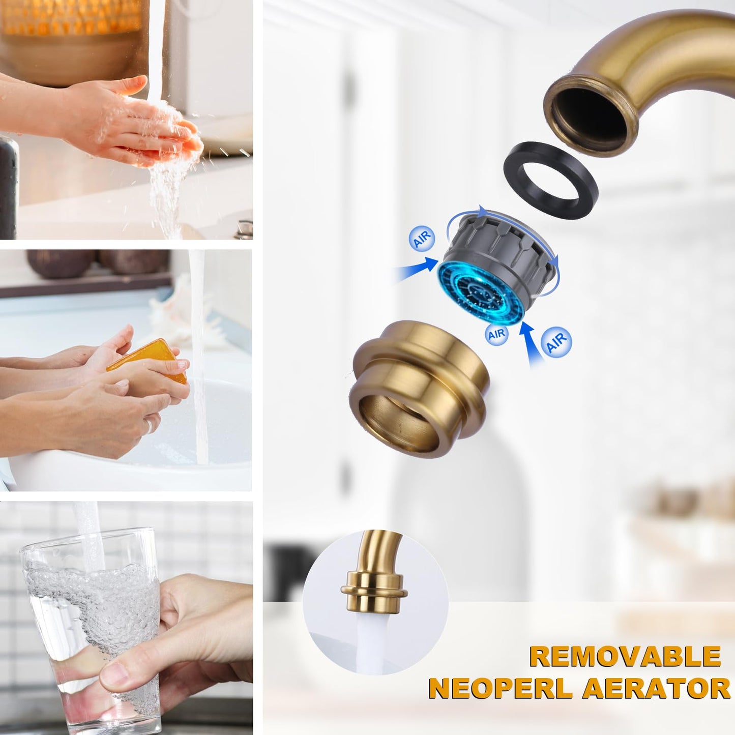 WOWOW Brass Kitchen Faucet Bridge with Side Sprayer, 4 Hole Kitchen Faucet 2 Handle 8 Inch Centerset Gold Faucet for Kitchen Sinks, Heritage Brushed Gold Kitchen Sink Faucet