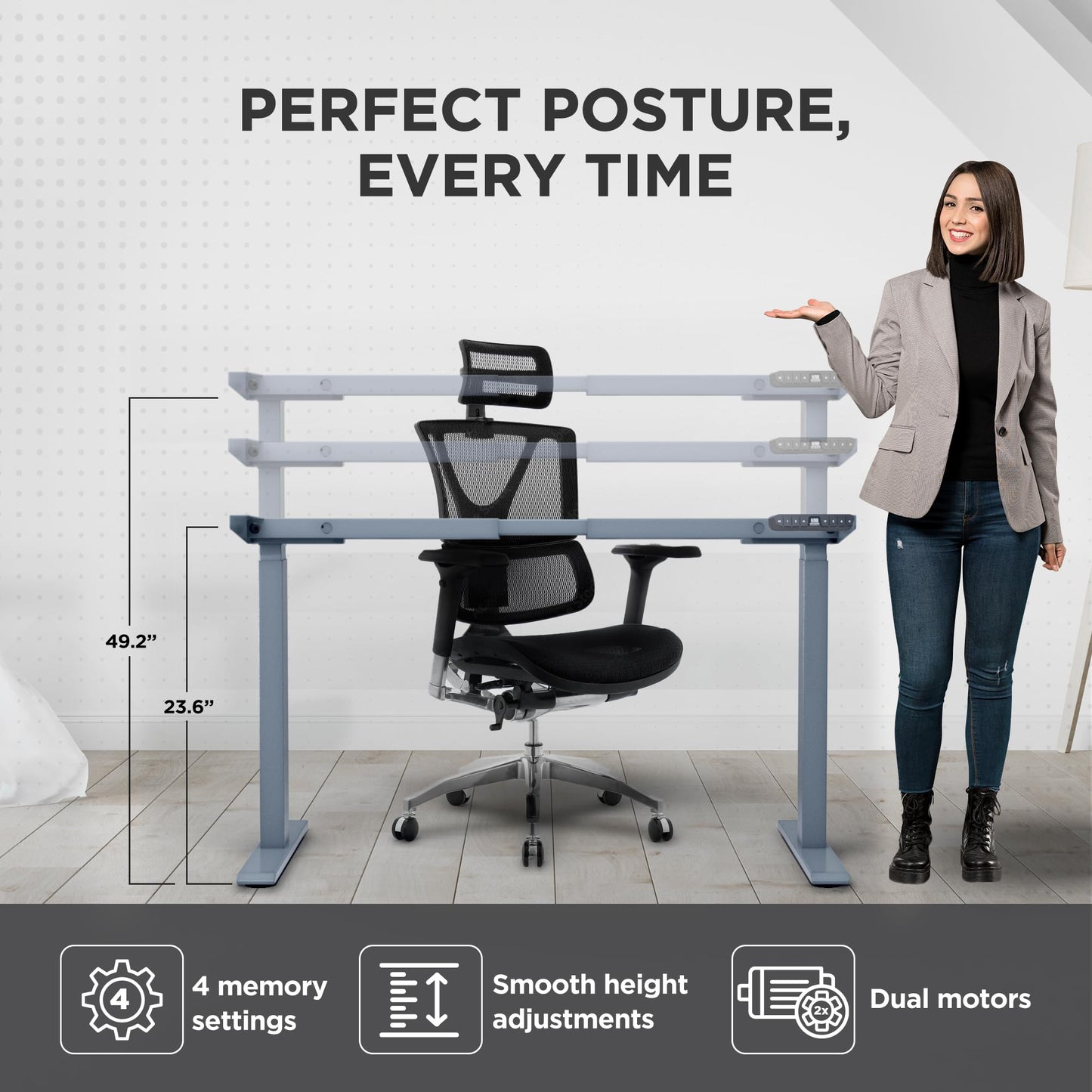 Uncaged Ergonomics Rise Up Dual Motor Electric Standing Desk, Adjustable Height 60x30 Large Sit-Stand Computer Desk for Home Office