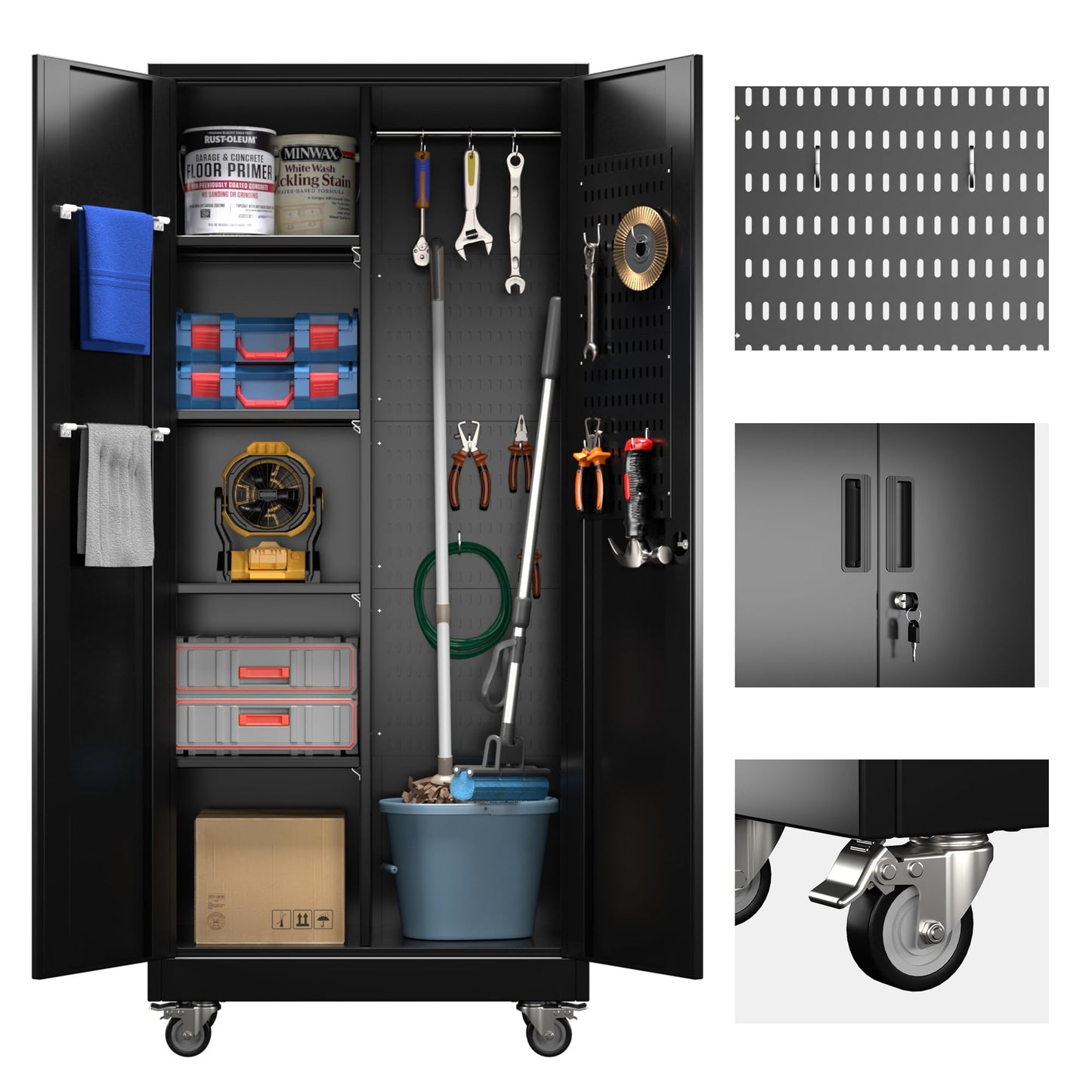 Broom Closet Storage Cabinet with Wheels and Pegboard,Metal Garage Storage Cabinet with Doors and Adjustable Shelves for Garage Home,Required Assembly,Black