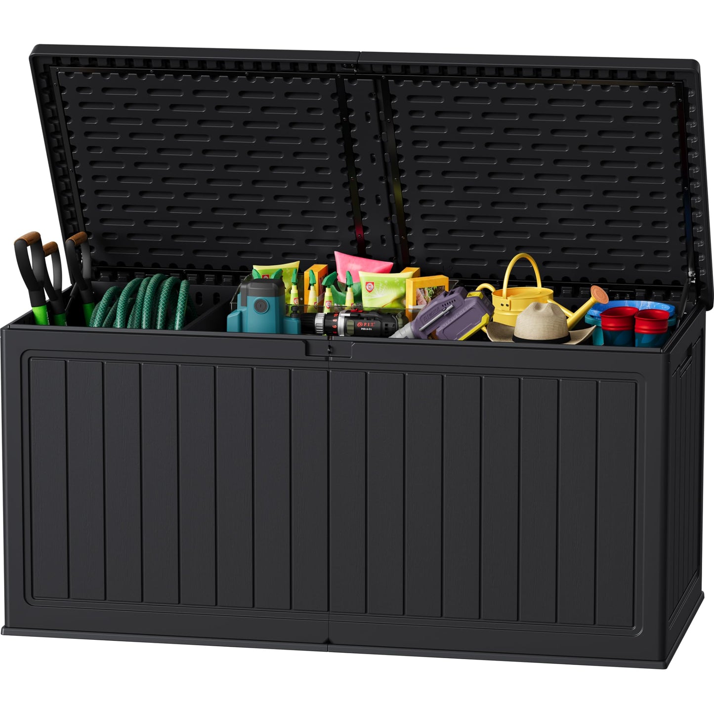 JUMMICO 270 Gallon Outdoor Storage Deck Box with Divider, Double Wall Storage Box with Lockable Lid for Garden Tools, Pools Supplies (Black)