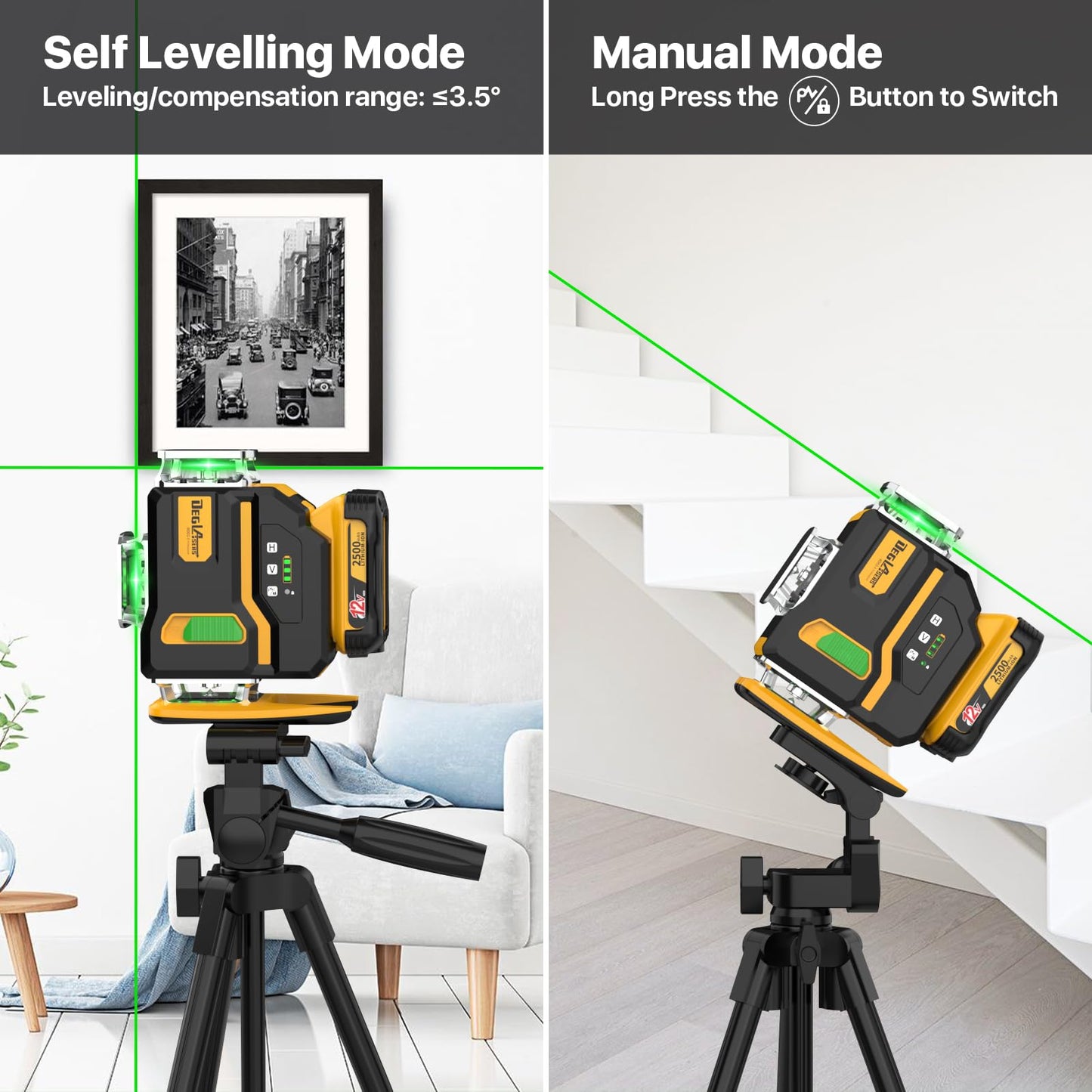 Laser Level 360 Self Leveling with Tripod,DEGLASERS 4x360 Green Laser Level with 12V Rechargeable Battery(40 Hrs),Remote Control, Magnetic Rotating Stand,Hard Carry Case for Construction