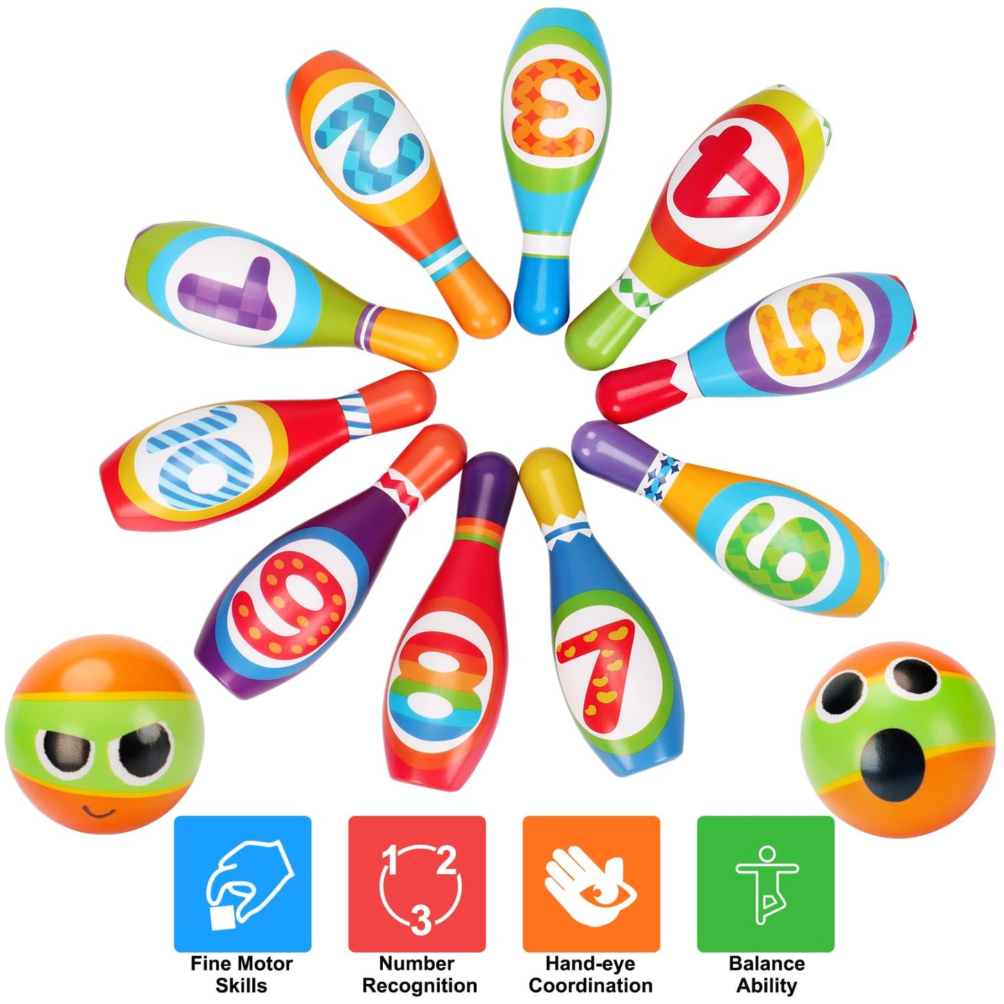 Kids Bowling Set 2-5 Toddler Indoor Bowling Game Outdoor Toy Gift for 1 2 3 4 Year Old Boys Girls Soft 10 Colorful Foam Bowling Pins 2 Bowling Ball Developmental Toddler Age 2-4 3-5 Easter Present