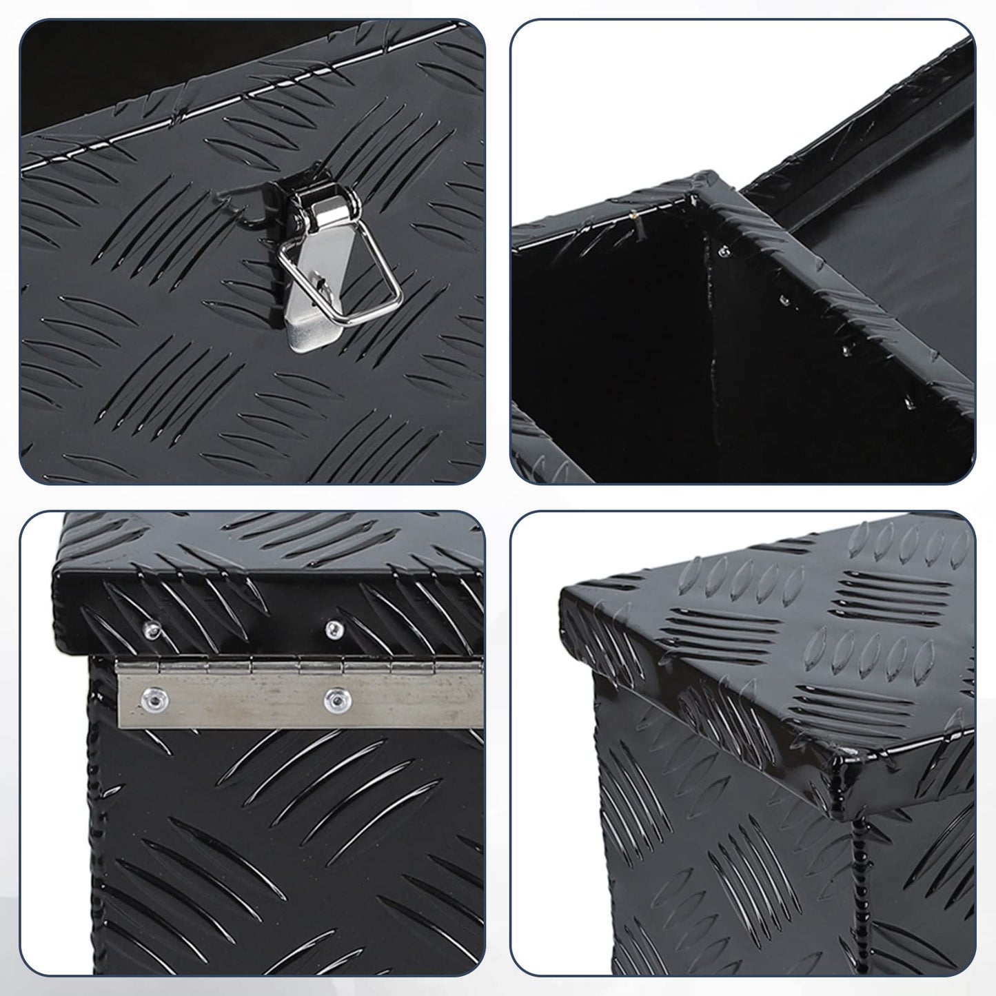 confote 16 Inch Aluminum Stripes Plated Tool Box Pick Up Truck Bed RV Trailer Toolbox Waterproof Square Storage Organizer Chest - Black