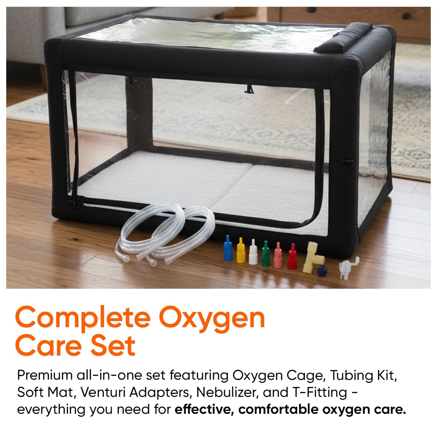 Oxygen Therapy Cage for Pets – Veterinary Oxygen & Nebulizer Chamber for Dogs, Cats, Puppies, Sheep – Portable Oxygen Concentrator with Tubing Kit, Soft Mat, Venturi Adapters, Nebulizer, T-Fitting