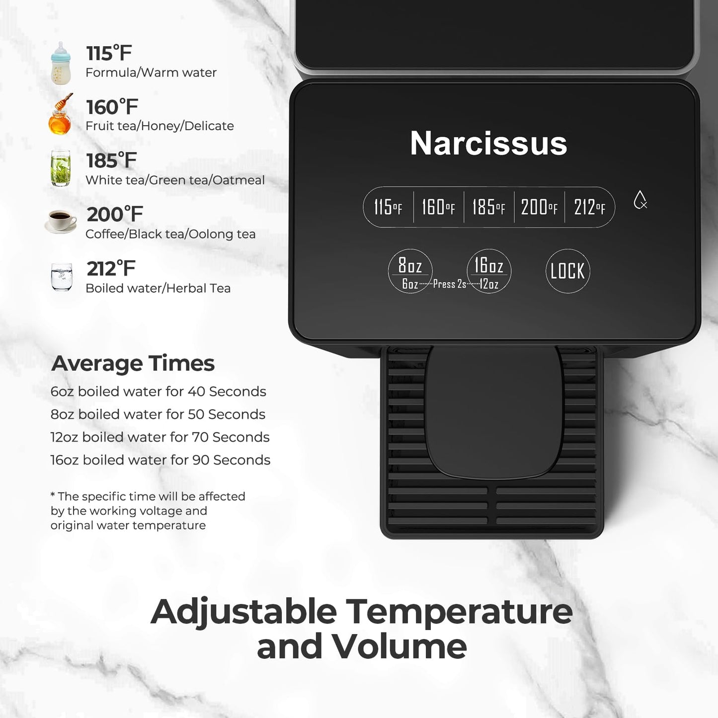 Narcissus D30 Instant Hot Water Dispenser Countertop for Rapid Heating & Dispense, Adjustable 5 Temp & 4 Water Volume Dispense, Removable 100 Ounce Capacity Water Tank with Carrying Handle, BPA Free
