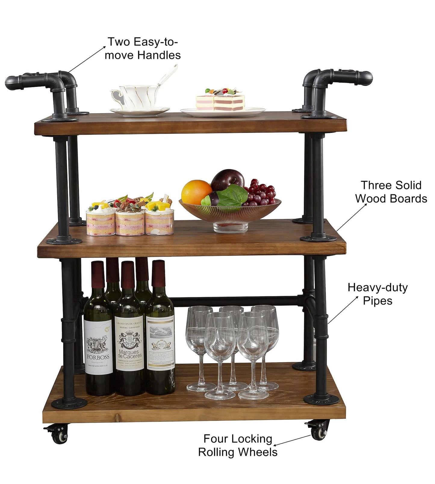 DOFURNILIM Industrial Pipe Bar Carts/Serving Carts/Kitchen Carts/Wine Rack Carts on Wheels with Shelves - Wood Rolling Carts - Wine Tea Liquor Shelves/Holder - Home Furniture