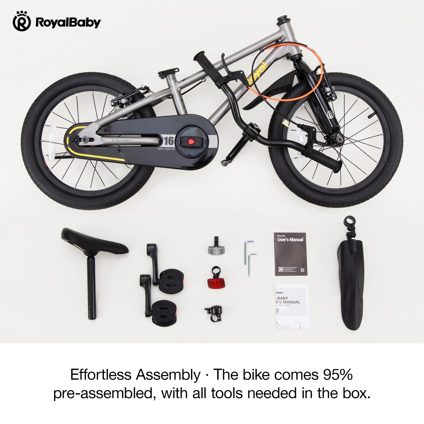 RoyalBaby EZ Fride Kids Bike, Lightweight Aluminum 2-in-1 Balance to Pedal Bike with One-Key Switch, 16 Inch for Age 4-7 Years, Gray