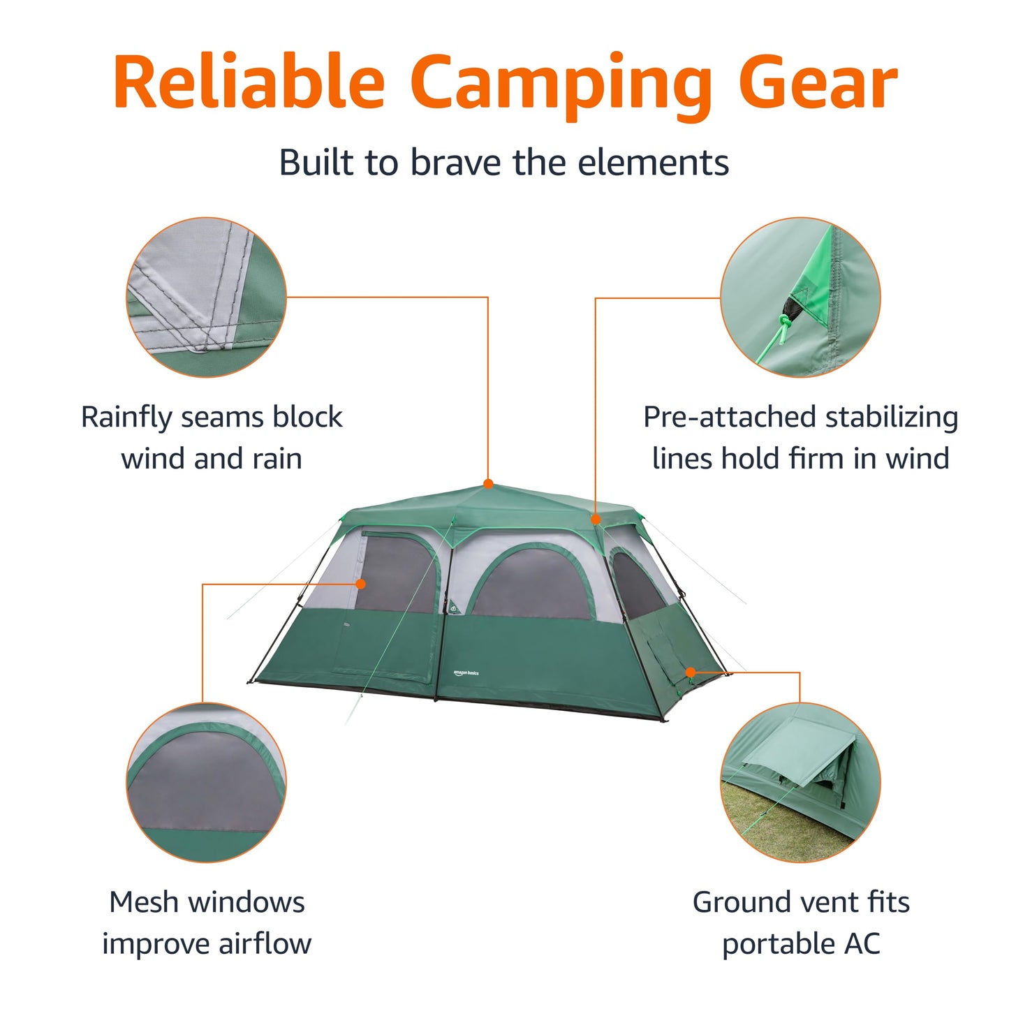 Amazon Basics 8-Person Instant Camping Tent, Easy Setup in 60 Seconds, Weather-Resistant with Rainfly, Mesh Windows, Storage Pockets, for Family Camping and Hiking