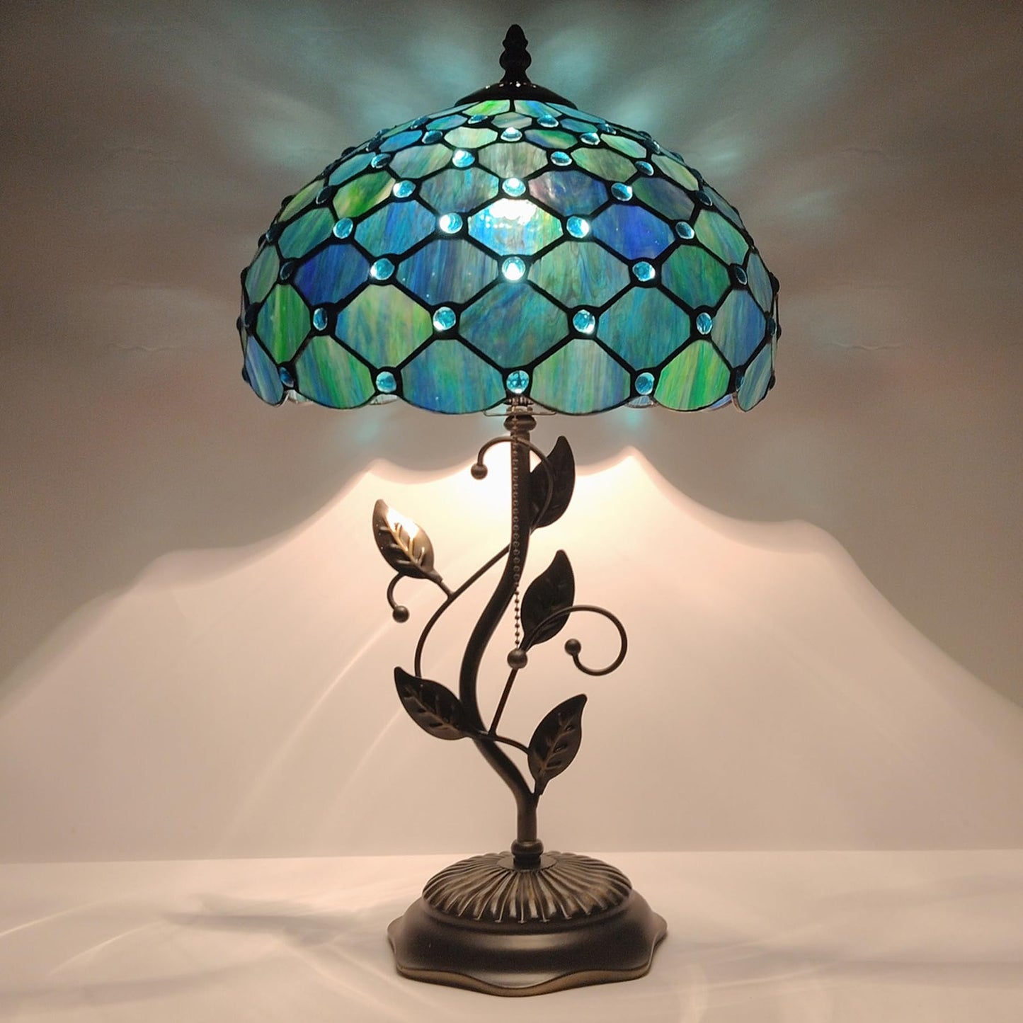 LXHCYOU Tiffany Table Lamp, Stained Glass Desk Light, W12H19 Inch, Metal Leaf Base (Sea Blue Pearl Style)