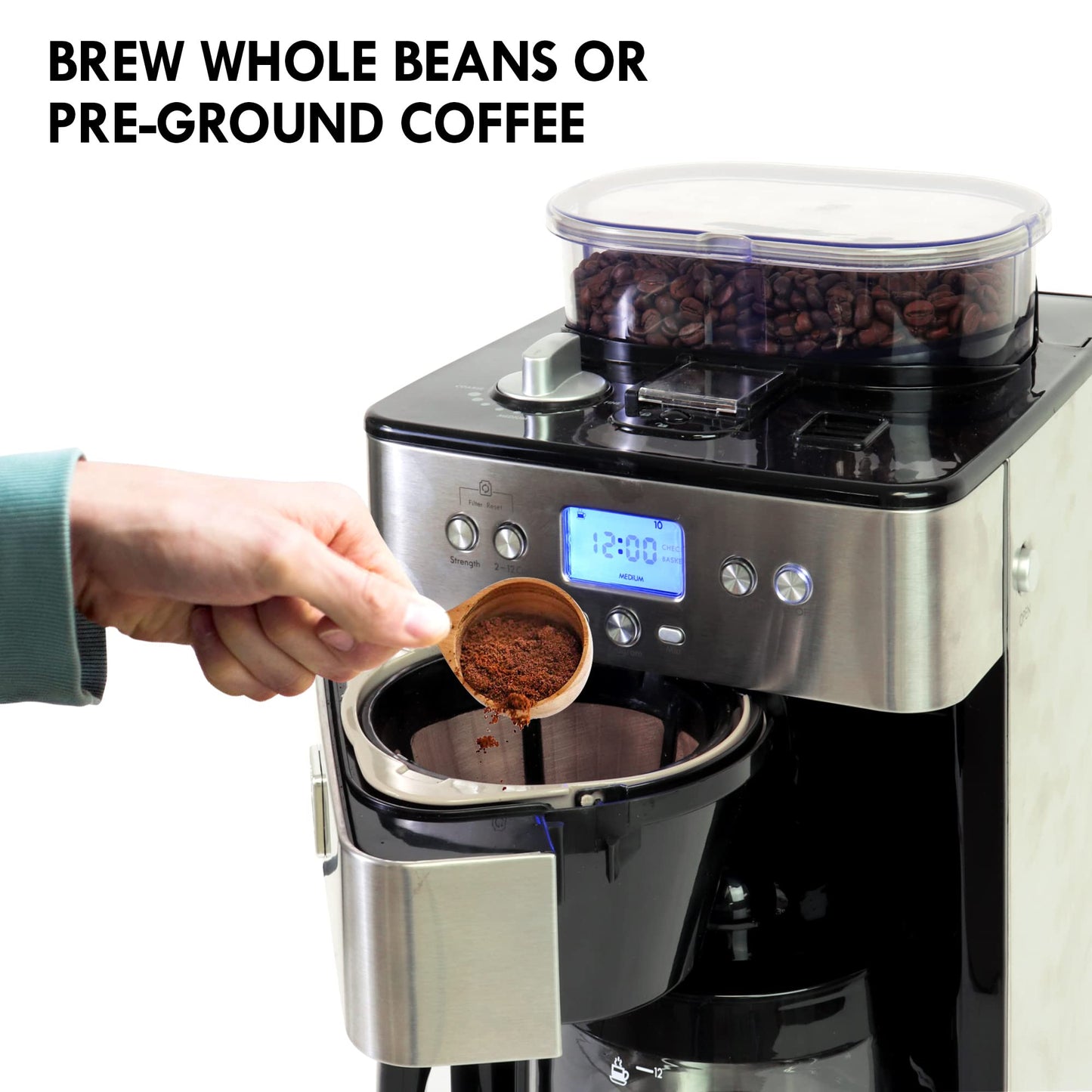 Kenmore Elite Grind and Brew Coffee Maker with Built‑In Burr Grinder, Automatic Drip Machine, 12‑Cup Programmable Brewer, Bean‑to‑Cup Cafetera, Stainless Steel Coffee Maker for Home & Office