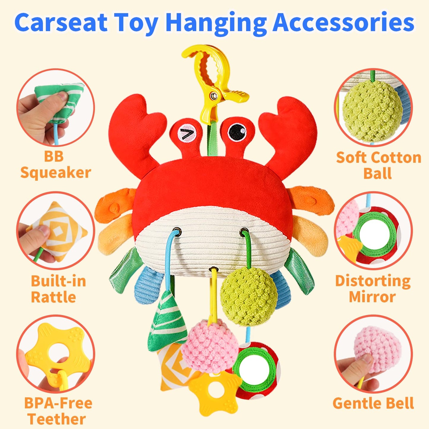 Ivrmtal Car Seat Toys for Babies, Crab Baby Toys 0-6 Months Infant Carseat Hanging Stroller Accessories Sensory Newborn Easter Gift 1 2 3 4 5 6 Month Old Boy Essentials Stuff with Clip, Rattle, Mirror