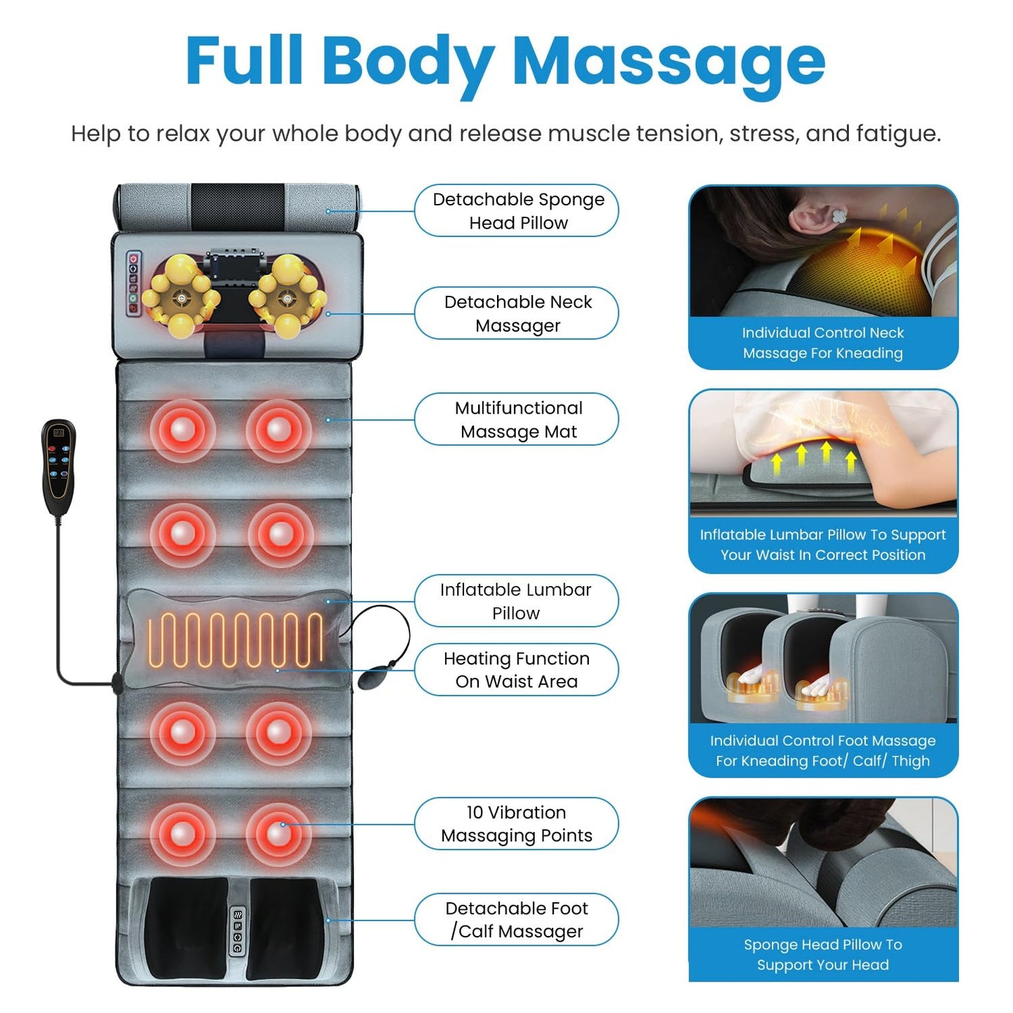 KOCASO Full Body Massage Mat with Heat, Electric Massage Mat Chair Pad Back/Neck/Foot Massager, Detachable Lumbar& Head Pillow W/ 2 Earplugs-Vibration & Kneading for Stress Relief/Gift