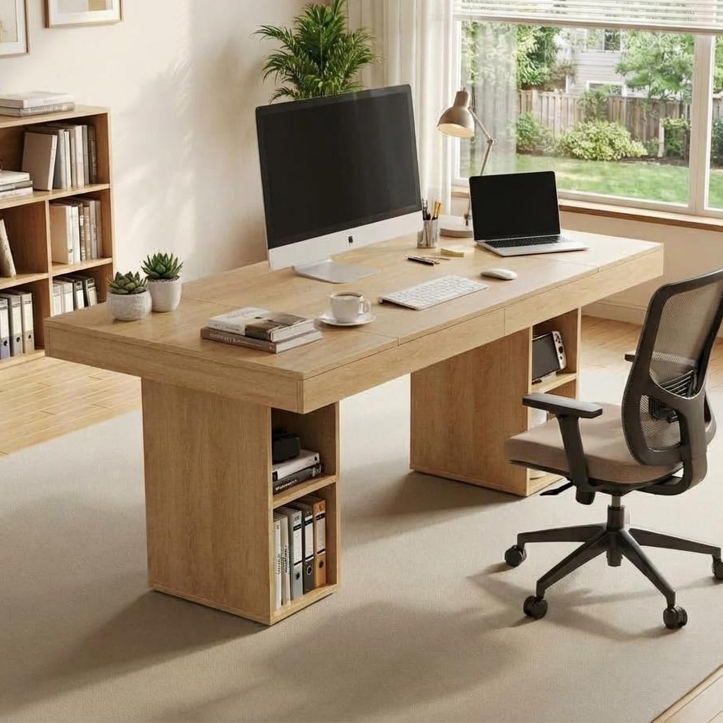 IDEALHOUSE 63”Executive Desk with Cabinet Storage, Farmhouse Home Office Desk, Wooden Computer Desk with Extra Thickened Tabletop & Metal Frame, for Work Study Writing, Oak