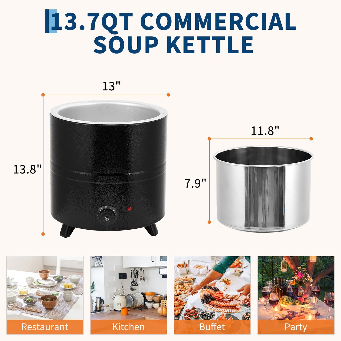 Garvee 13.7QT Commercial Soup Kettle, Automatic Soup Warmer with Anti-Scald Handle and Stainless Steel Removable Insert Pot for Large Banquet & Buffet, Built-in Hinged Lid