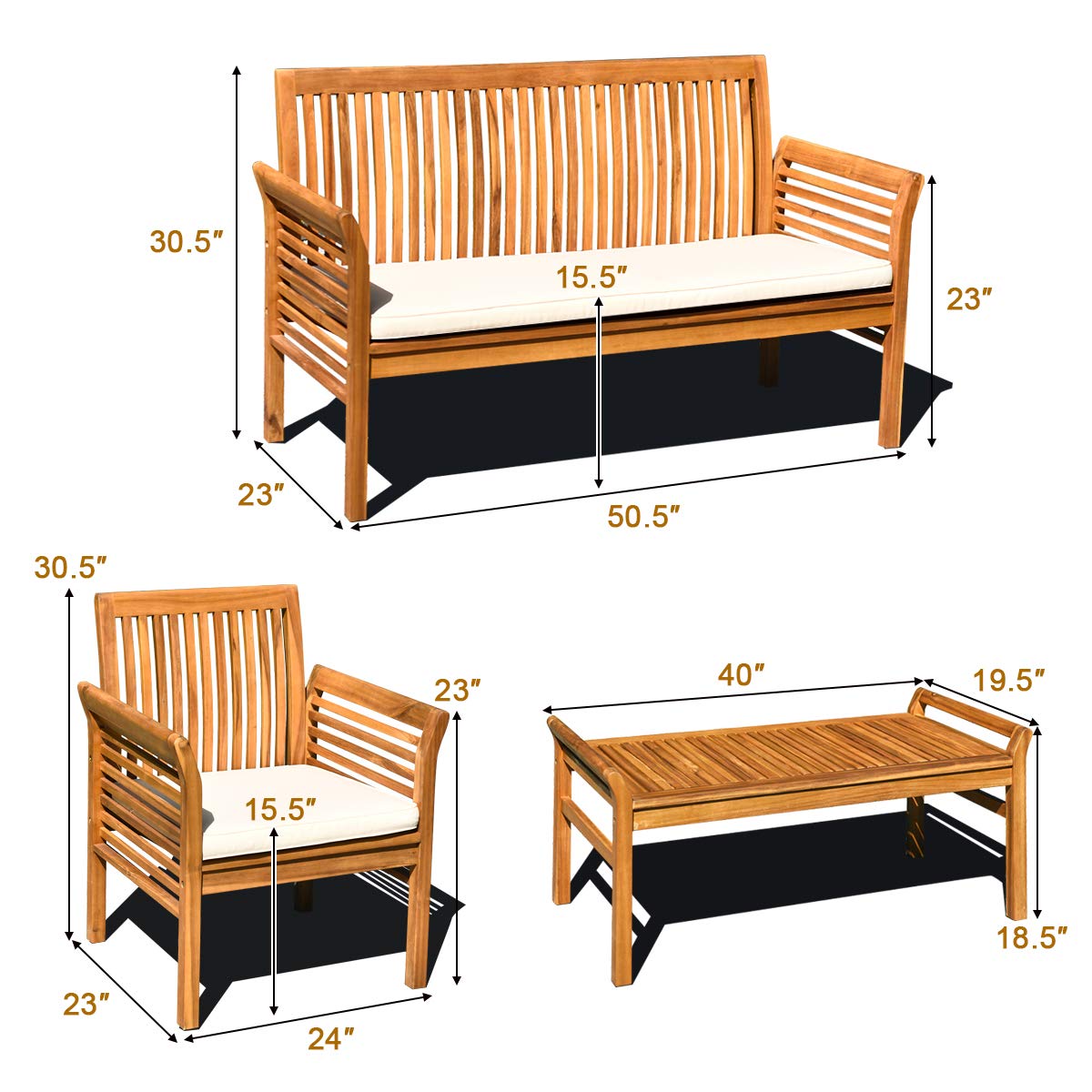 Tangkula 4 Piece Outdoor Acacia Wood Sofa Set with Water Resistant Cushions, Padded Patio Conversation Table Chair Set w/Coffee Table for Garden, Backyard, Poolside (1)