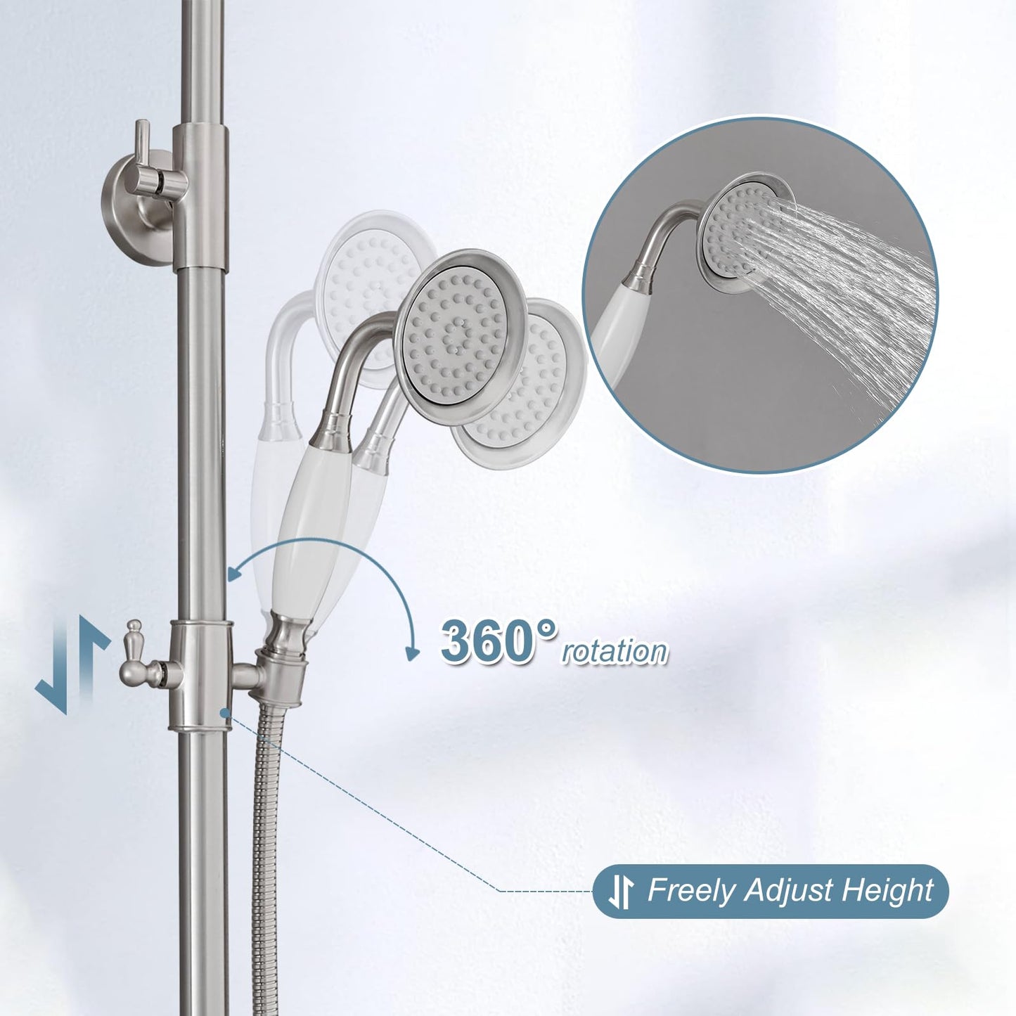 BWE Brushed Nickel Shower Faucet Set 8-Inch Rain Shower Head Handheld Sprayer and Rotatable Tub Spout Triple Function Wall Mount Shower Fixture Combo System Stainless Steel
