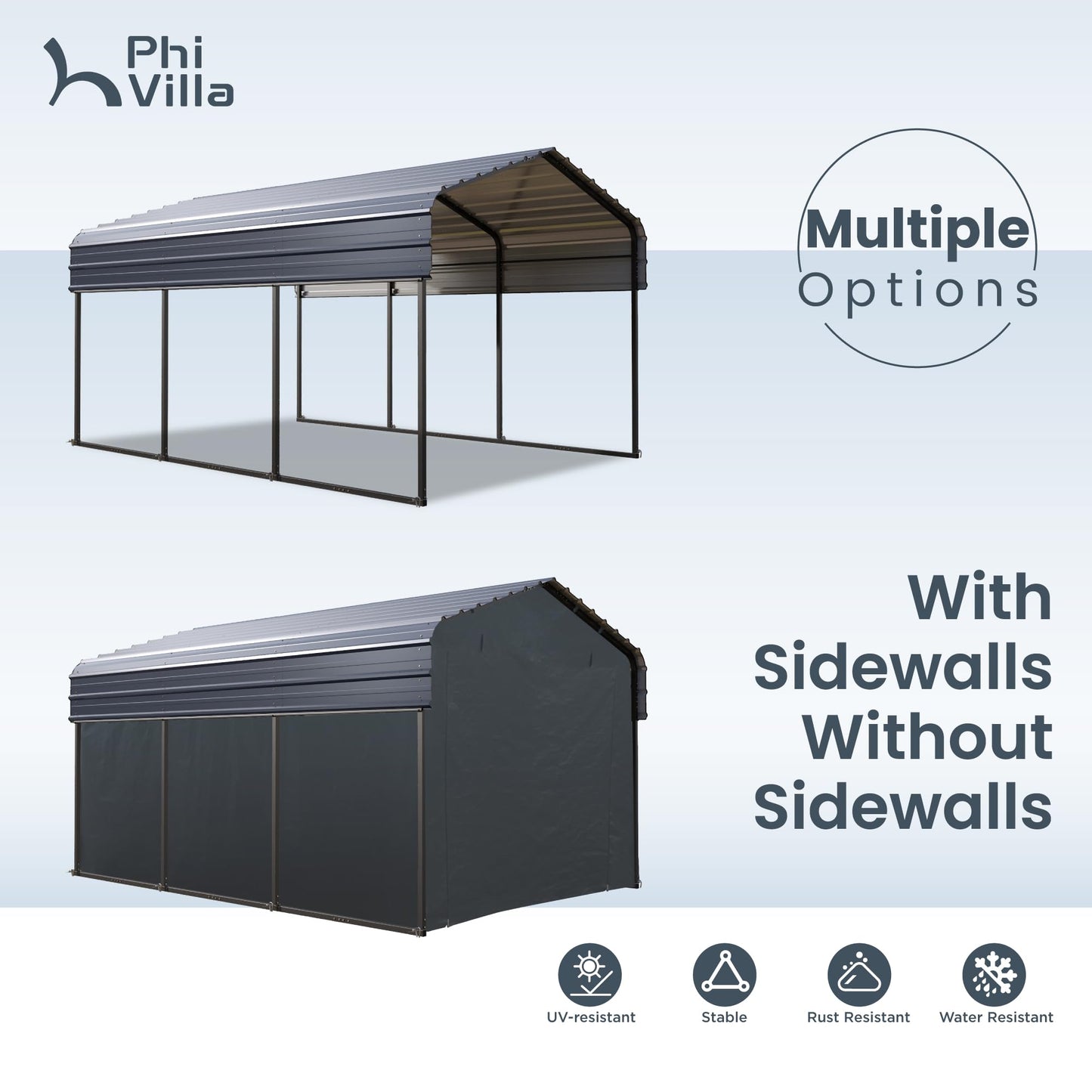 PHI VILLA 10 x 15 Heavy Duty Metal Carport with Galvanized Steel Roof with Sidewalls Enclosure Kit, Sturdy Metal Carport for Cars, Boats, and Tractors