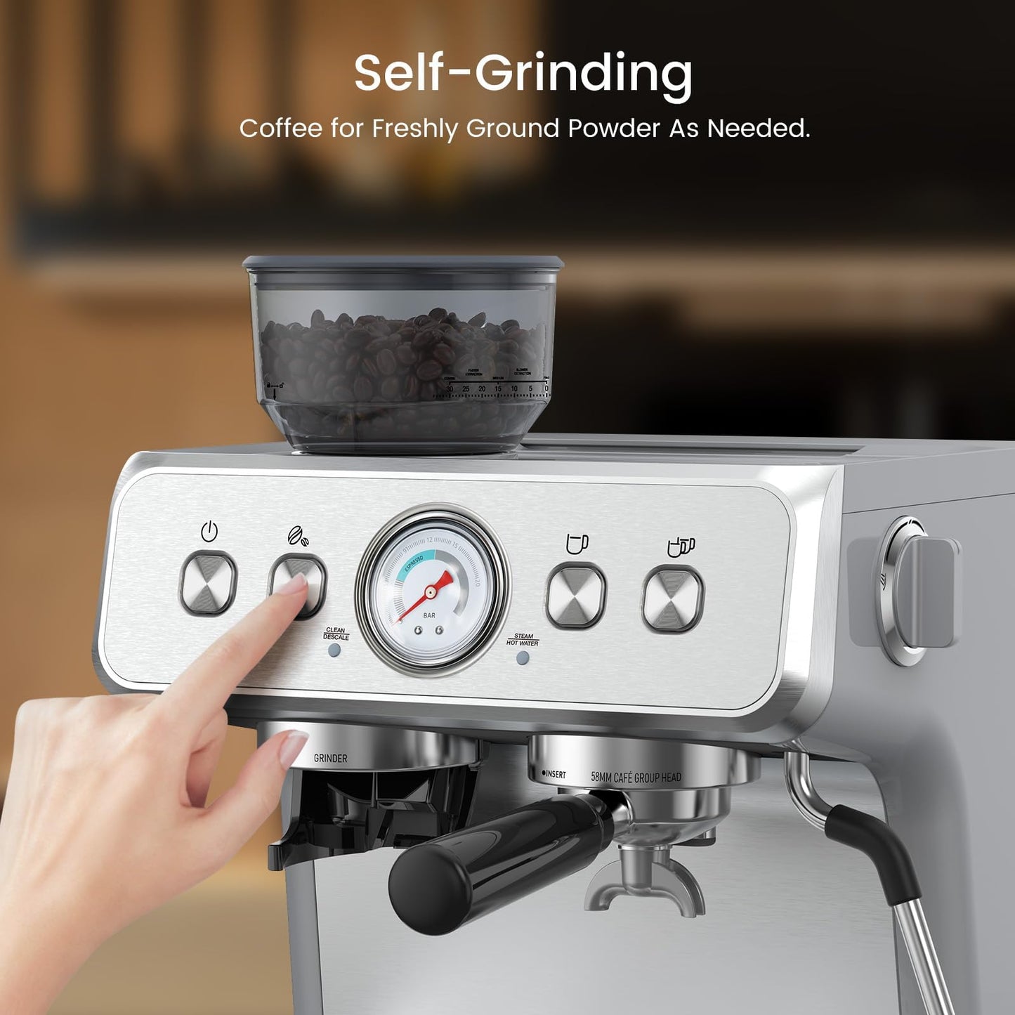 (2026 Upgrade) Espresso Machine with Grinder, Expresso Coffee Machines with Built-in Anti-Clog Coffee Grinder/Milk Steam Wand/Frother, Expresso Machines for Home Perfect Cappuccino & Latte-Silver