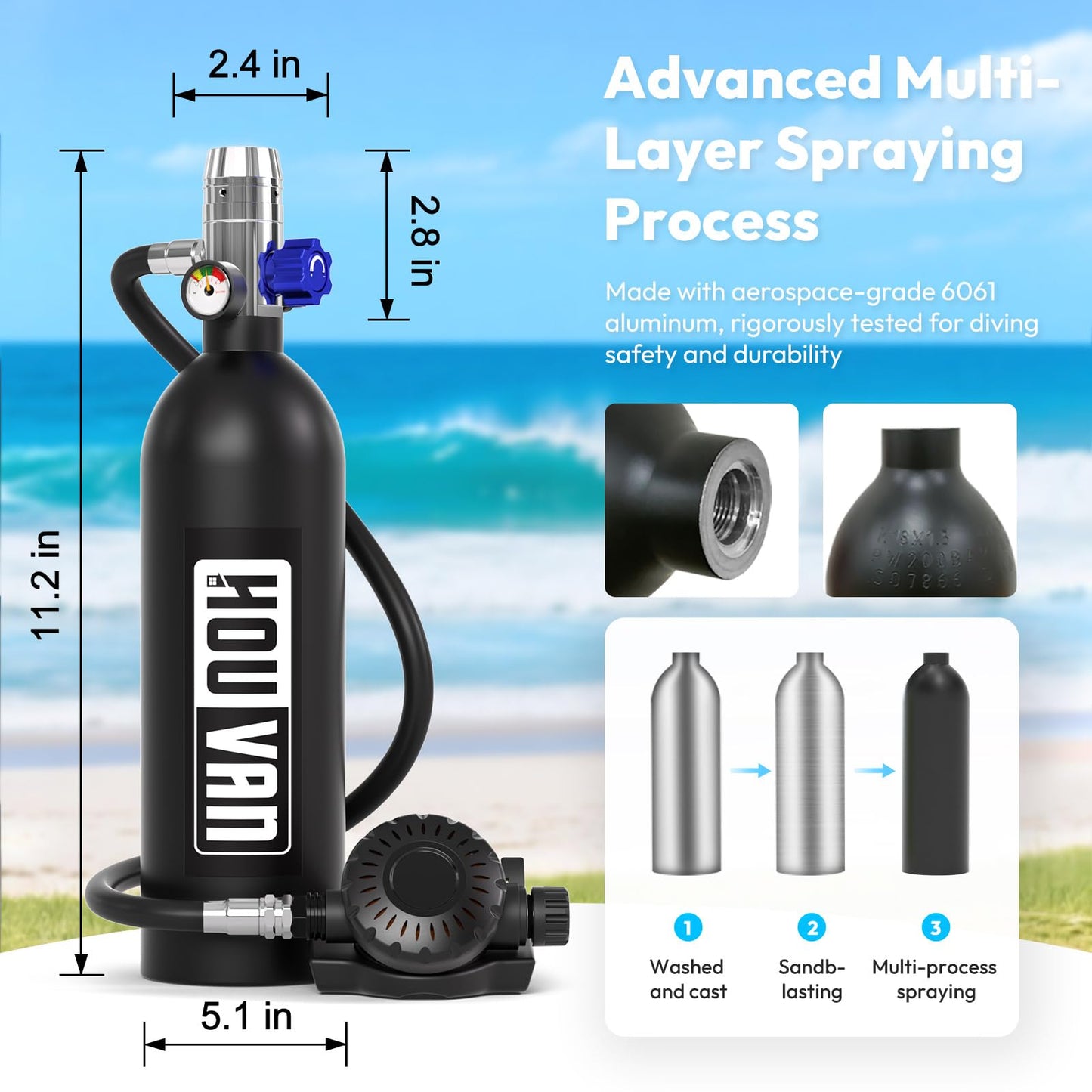 HOUVAN S400 Mini Scuba Tank 1.0L Scuba Tank Portable Diving Tank with On-Off Valve Reusable Underwater Breathing Pony Bottle for Underwater Exploration Emergency/Recreation
