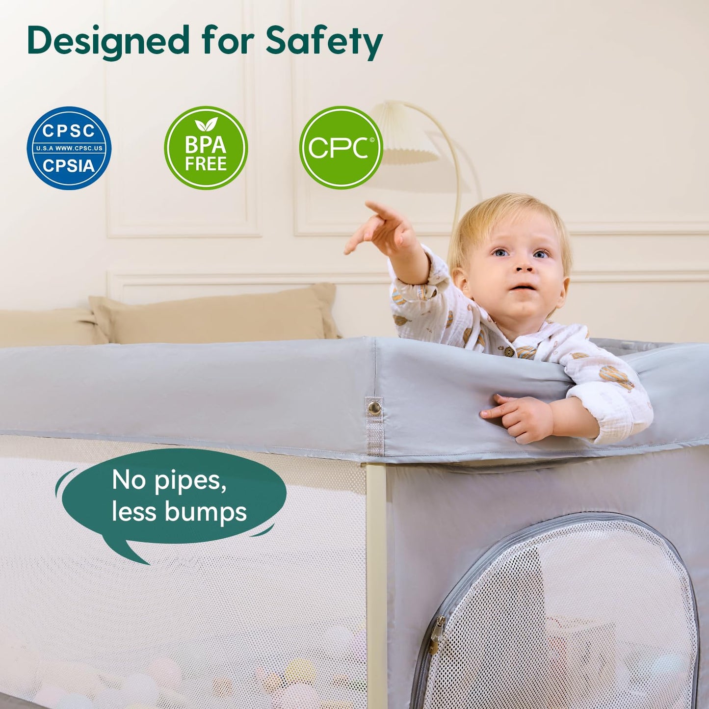 Babelio Foldable Baby Playpen with Mat, 46" × 46" Portable Playard for Babies and Toddlers, Parents' Picks Awards Winner, Indoor & Outdoor Kids Safety Play Pen Area, Travel Fence, Grey