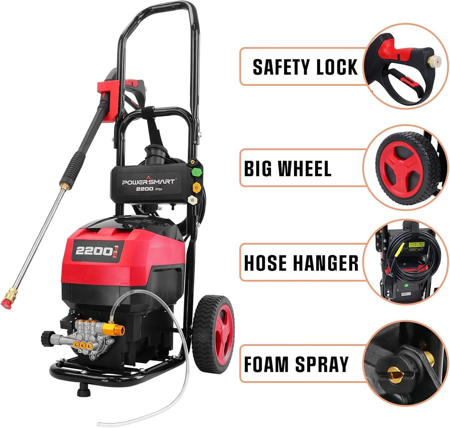 PowerSmart Electric Pressure Washer 1.2 GPM 2200PSI Max, 120V Ultra Light Portable Power Washers