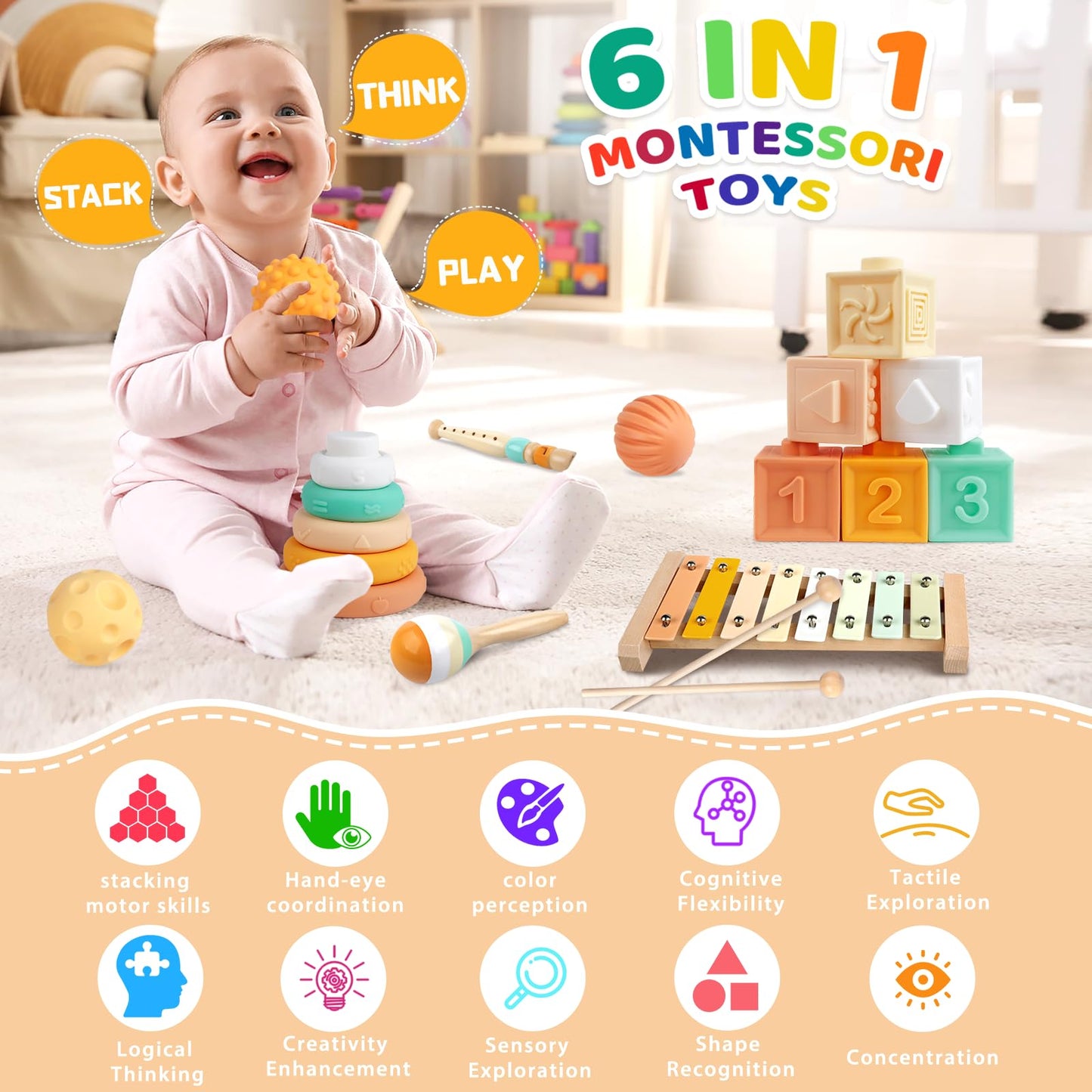 Wuzhineisn Baby Toys 6-12 Months Montessori Toys 6 in 1 Musical Instruments for Toddler, Stacking Blocks Development Learning Educational Toy with Wooden Xylophone Infant Baby Birthday Easter Gift