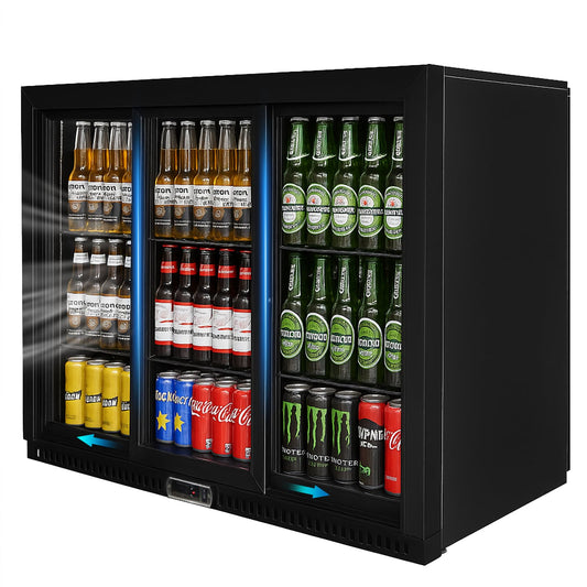 Bluelinecool Commercial Back Bar Cooler with 3 Glass Sliding Doors, 11.5 cu.ft Under Counter Beverage Refrigerator, LED Lighting - ETL Beer and Wine Cooler for Bar, Restaurant, Garage, Office, Home