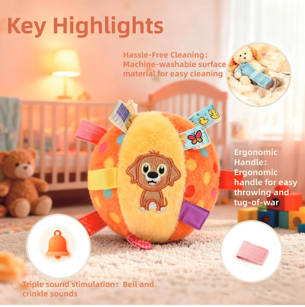 HEAT PAWS Dog Tag Toy，Squeaky Plush Toy,6-Inch Soft Stuffed Cotton Ball, Built-in Bell，Interactive Retrieval Toy for Puppies & Small Medium Dogs, Puppy Play Gym & Busy Toys